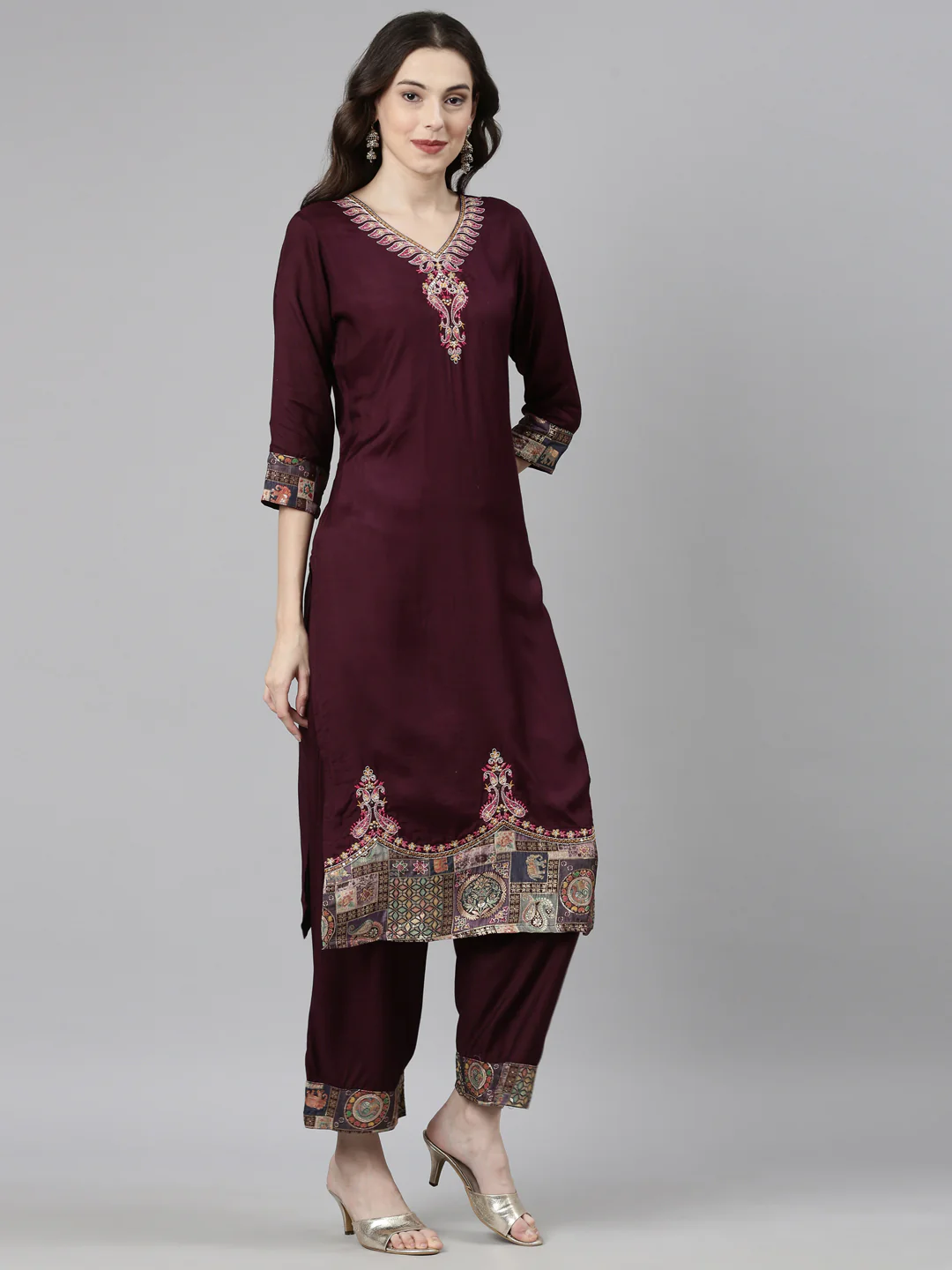 Neerus Purple Casual Solid Straight Kurta and Palazzos With Dupatta - Image 3
