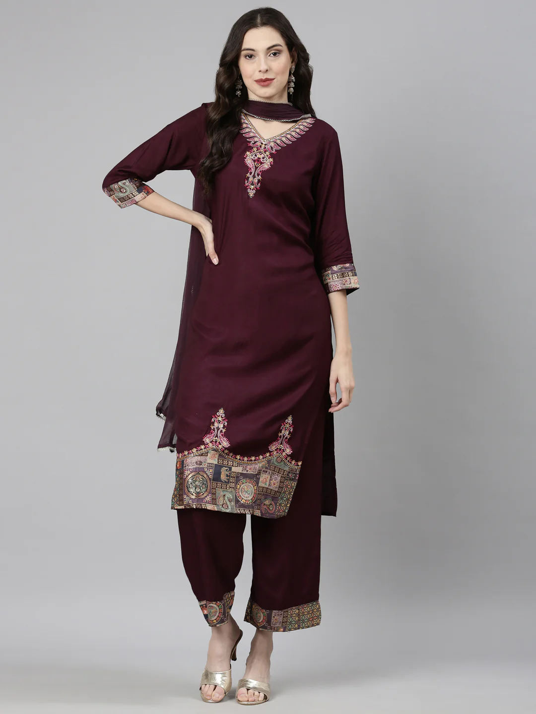 Neerus Purple Casual Solid Straight Kurta and Palazzos With Dupatta - Image 6