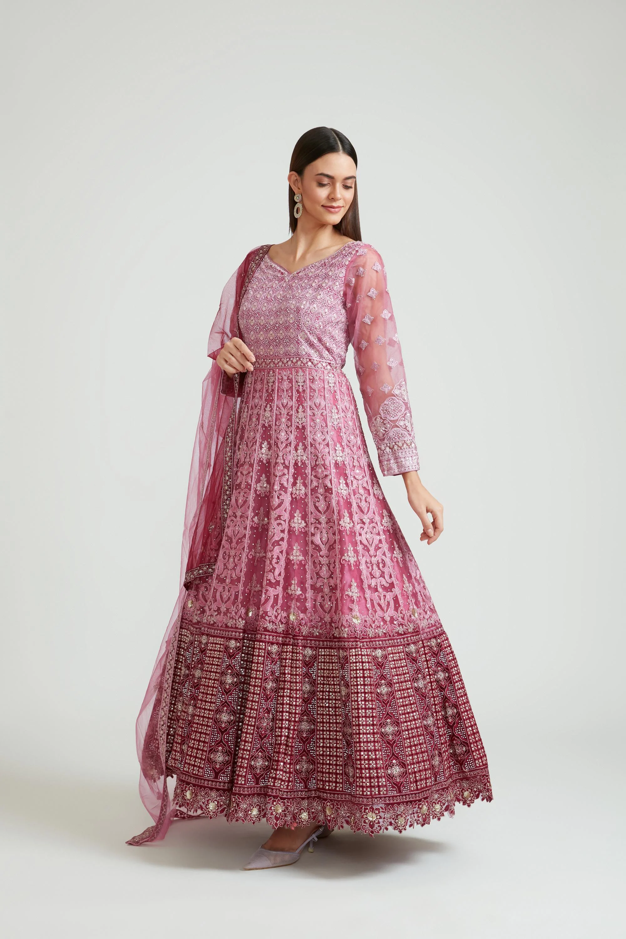 Neerus Purple Color Nett Fabric Gown With Dupatta