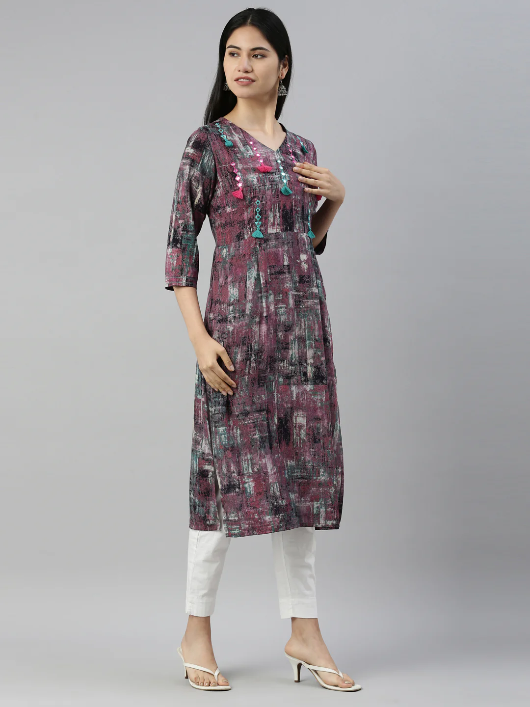 Neerus Purple Color Rayon Fabric Kurta - Image 4