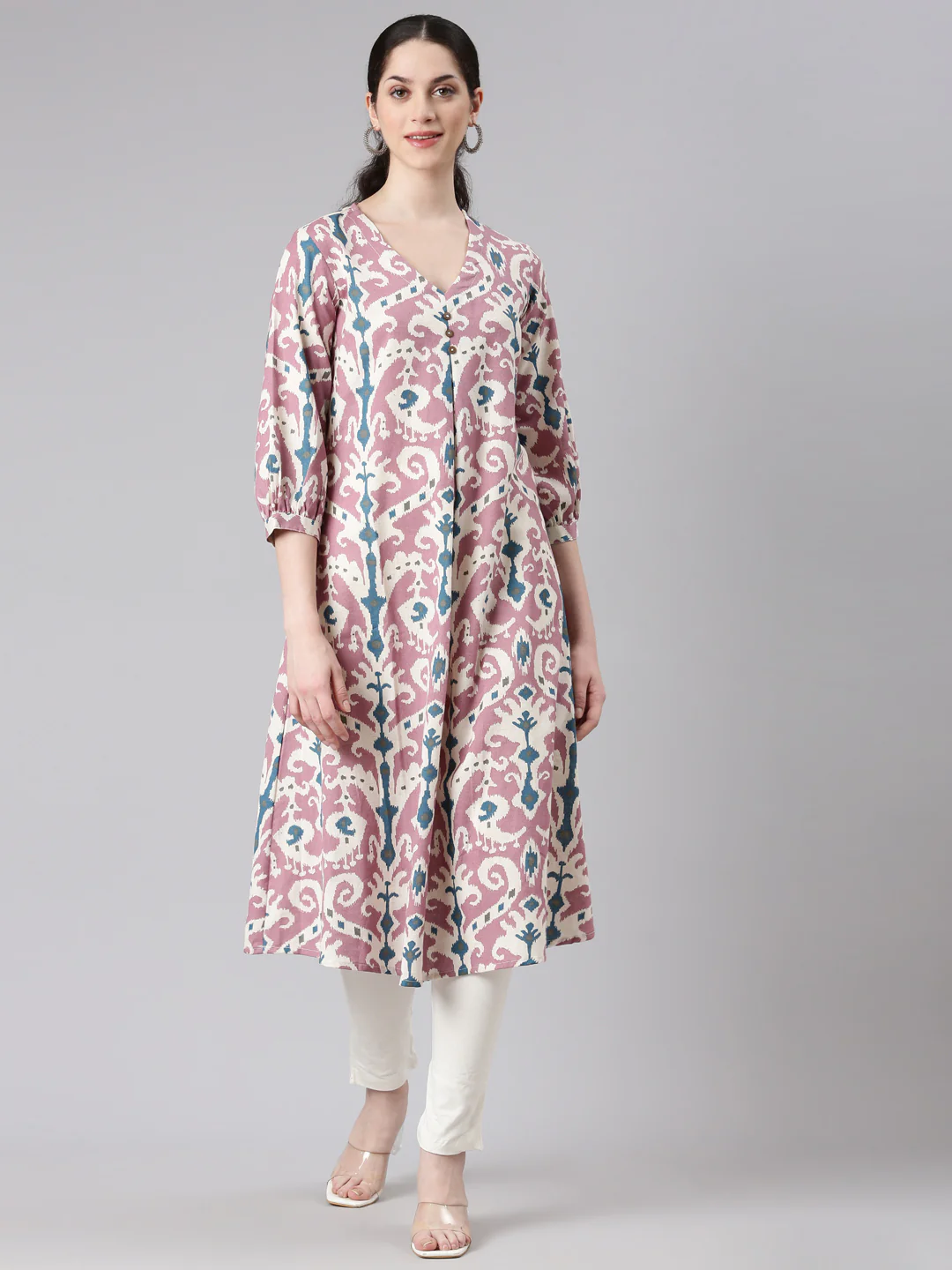 Neerus Purple Curved Casual Tribal Panelled Kurta