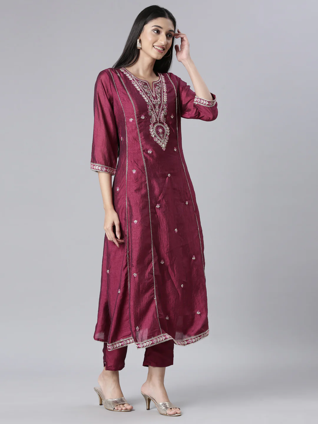 Neerus Purple Embroidered Anarkali Kurta and Trousers With Dupatta - Image 5