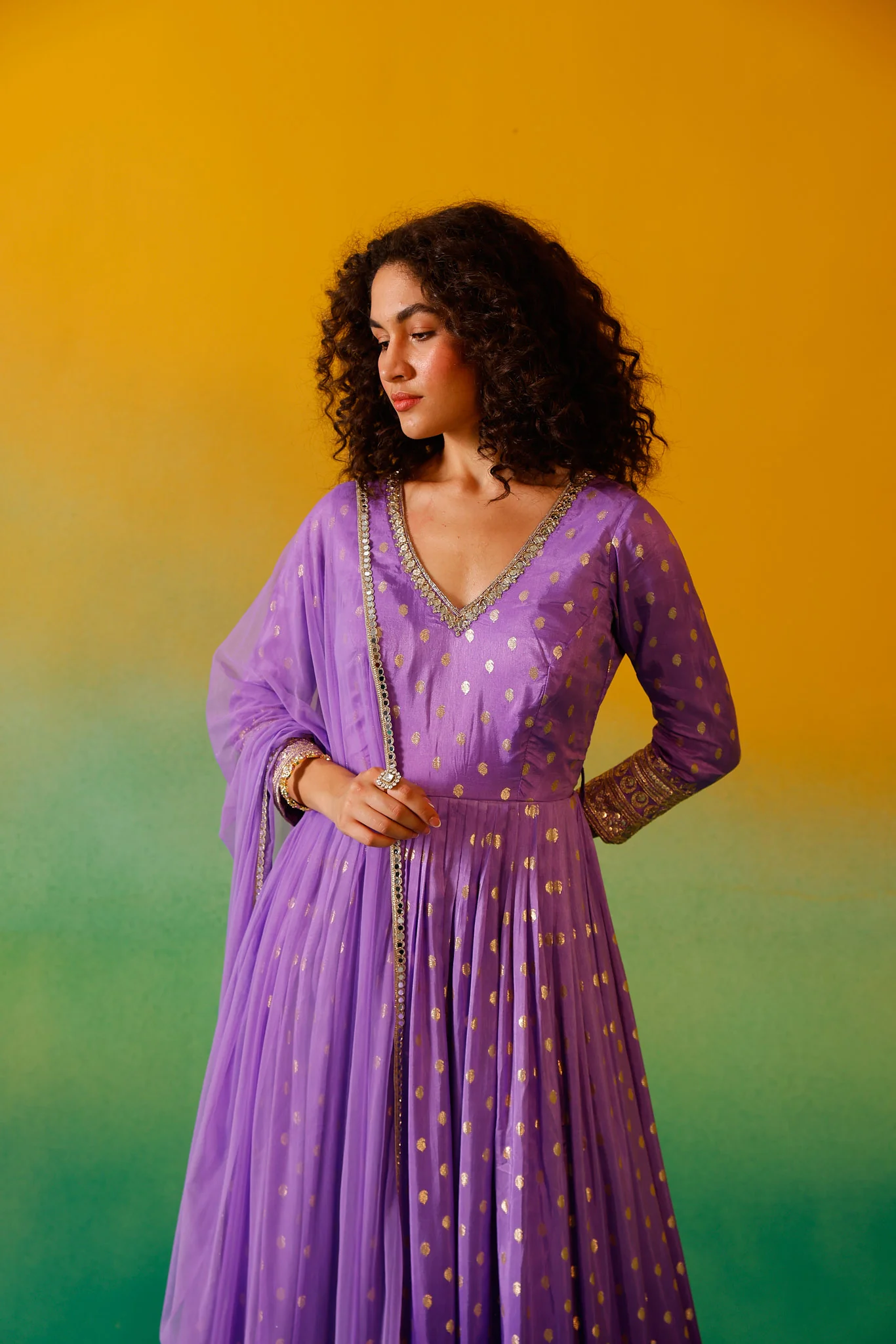 Neerus Purple Embroidery Banaras Fabric Anarkali Trouser and Dupatta - Image 8
