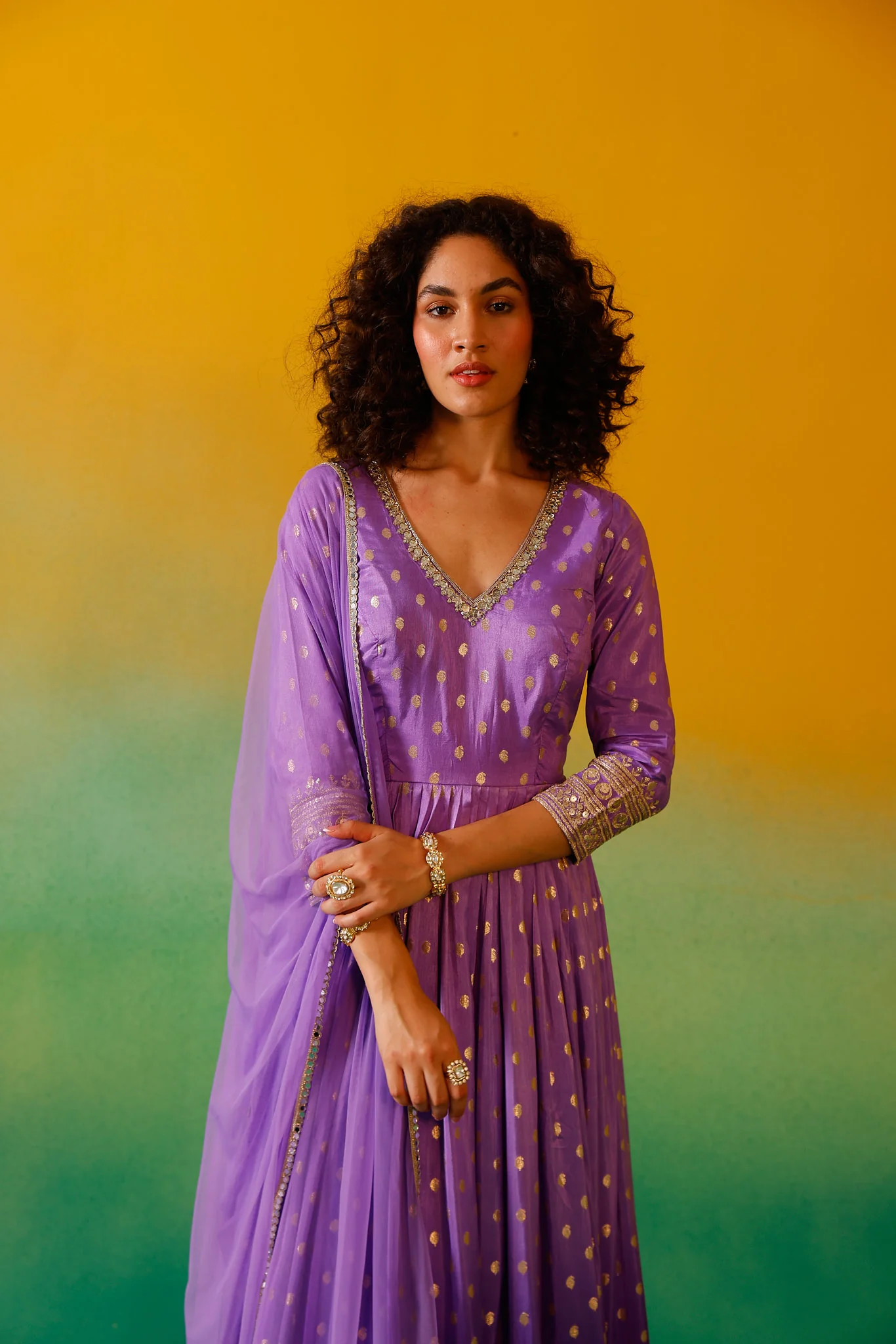 Neerus Purple Embroidery Banaras Fabric Anarkali Trouser and Dupatta - Image 9