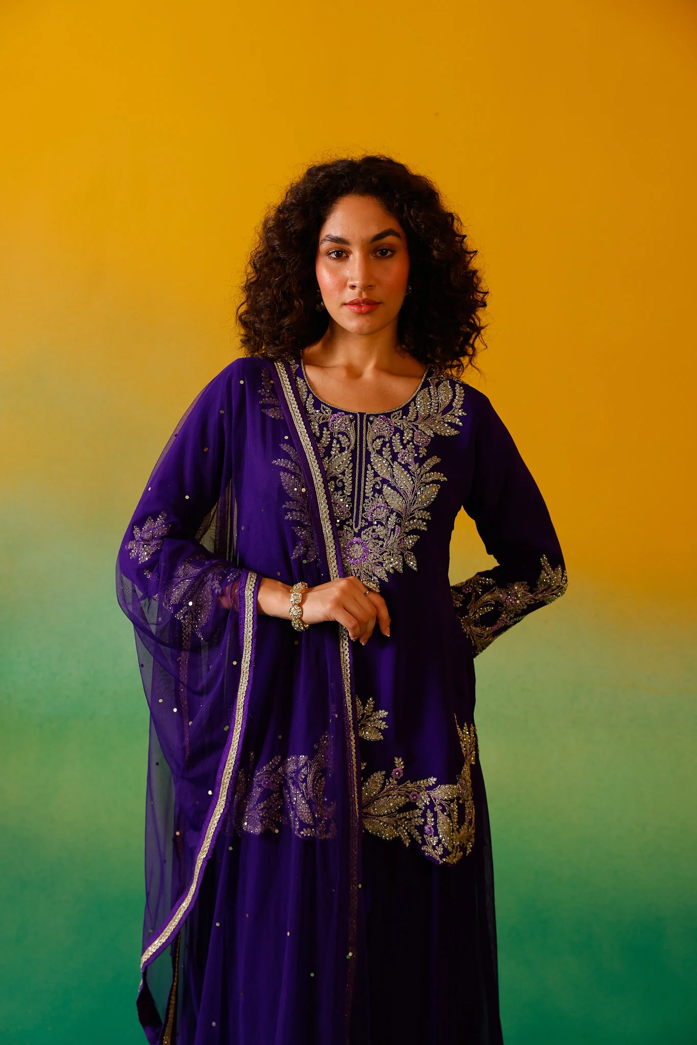 Neerus Purple Embroidery Georgette Fabric Kurti Plazzo and Dupatta - Image 10