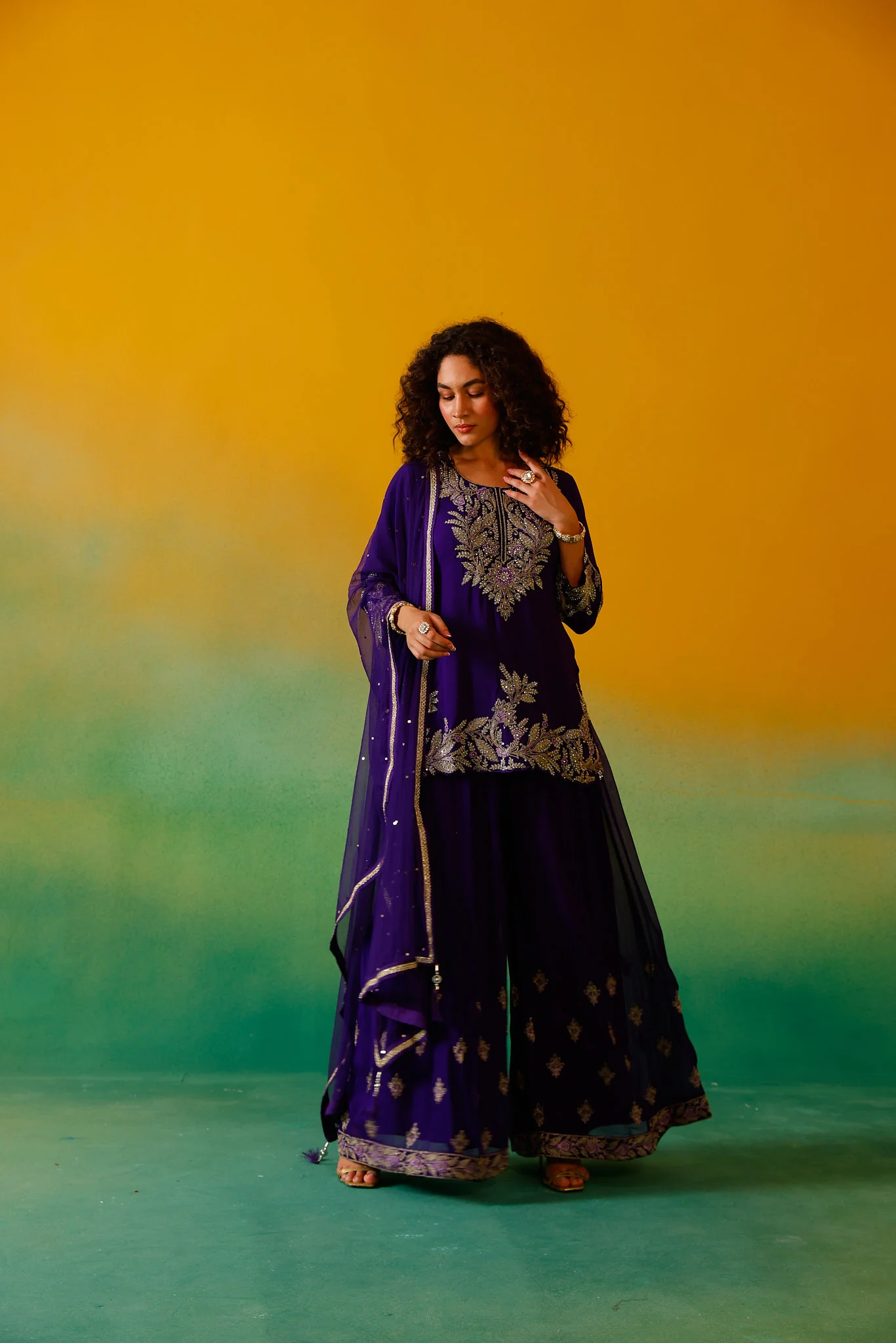 Neerus Purple Embroidery Georgette Fabric Kurti Plazzo and Dupatta - Image 14