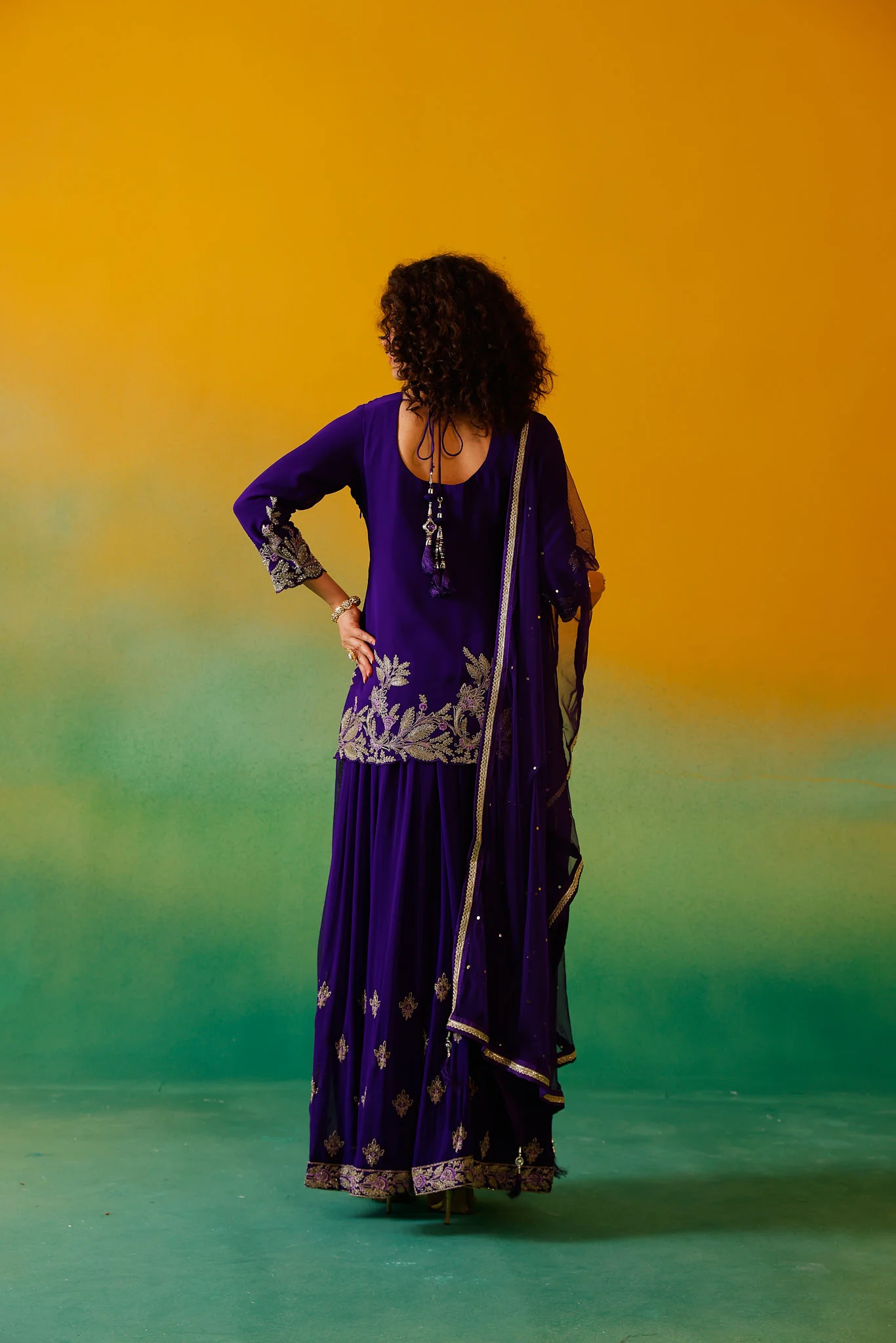 Neerus Purple Embroidery Georgette Fabric Kurti Plazzo and Dupatta - Image 16