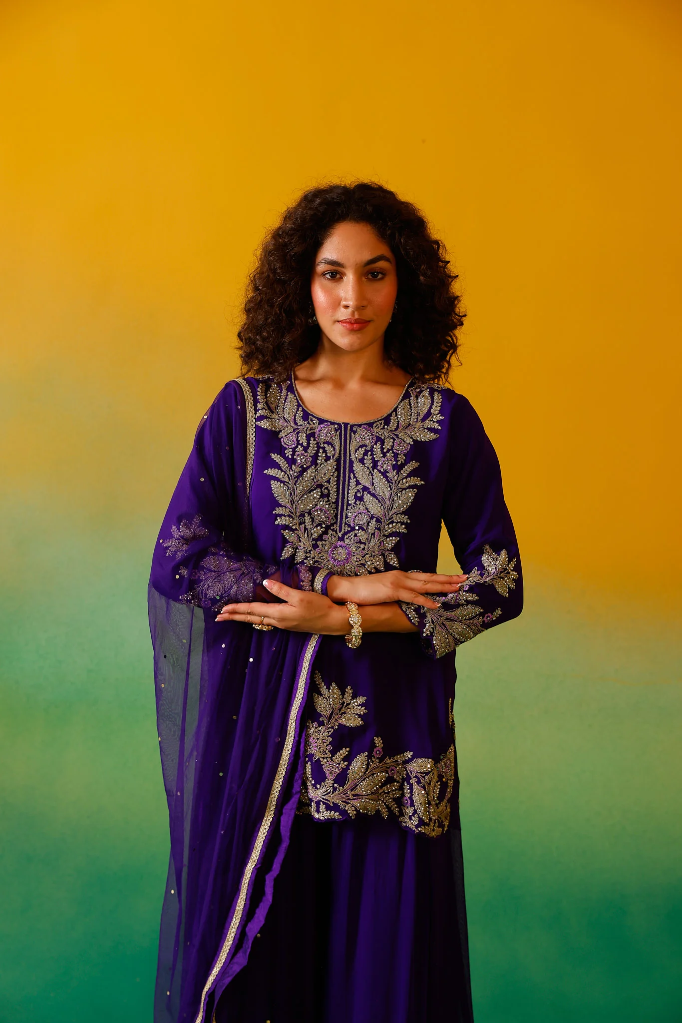 Neerus Purple Embroidery Georgette Fabric Kurti Plazzo and Dupatta - Image 6