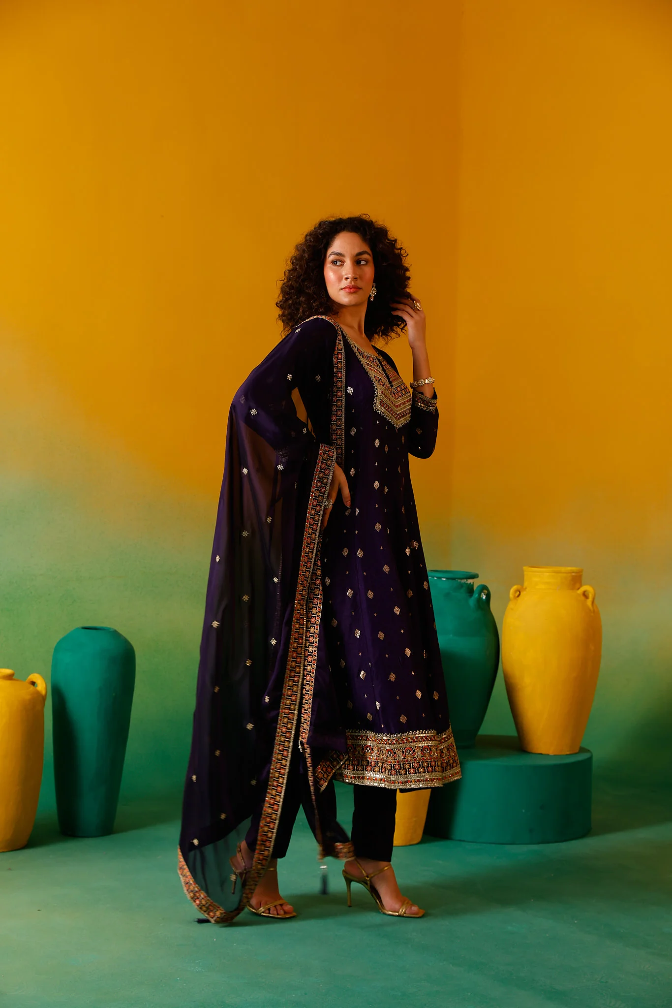 Neerus Purple Embroidery Silk Fabric Anarkali Trouser and Dupatta - Image 10