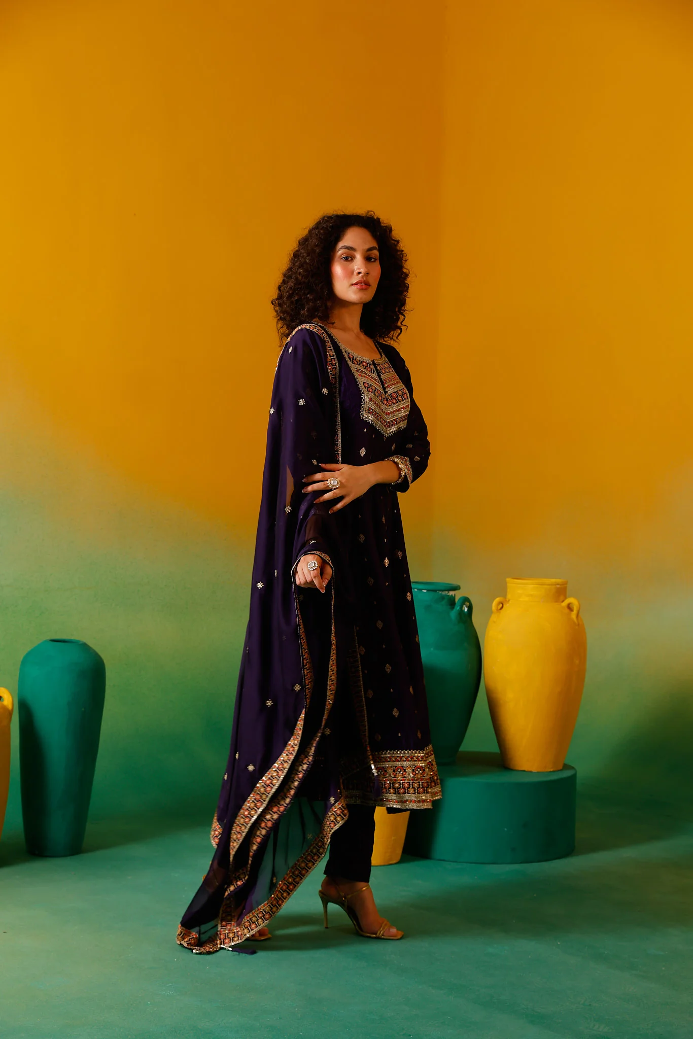 Neerus Purple Embroidery Silk Fabric Anarkali Trouser and Dupatta - Image 11