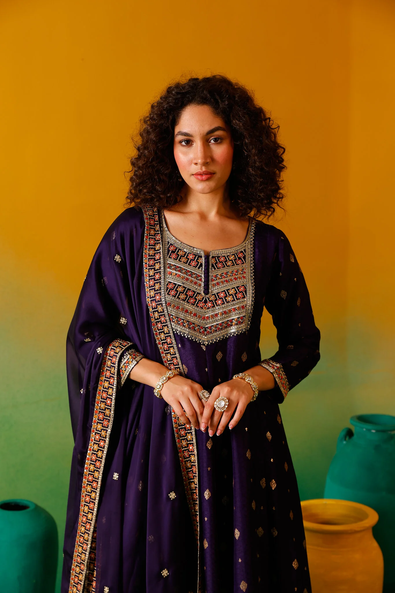 Neerus Purple Embroidery Silk Fabric Anarkali Trouser and Dupatta - Image 12