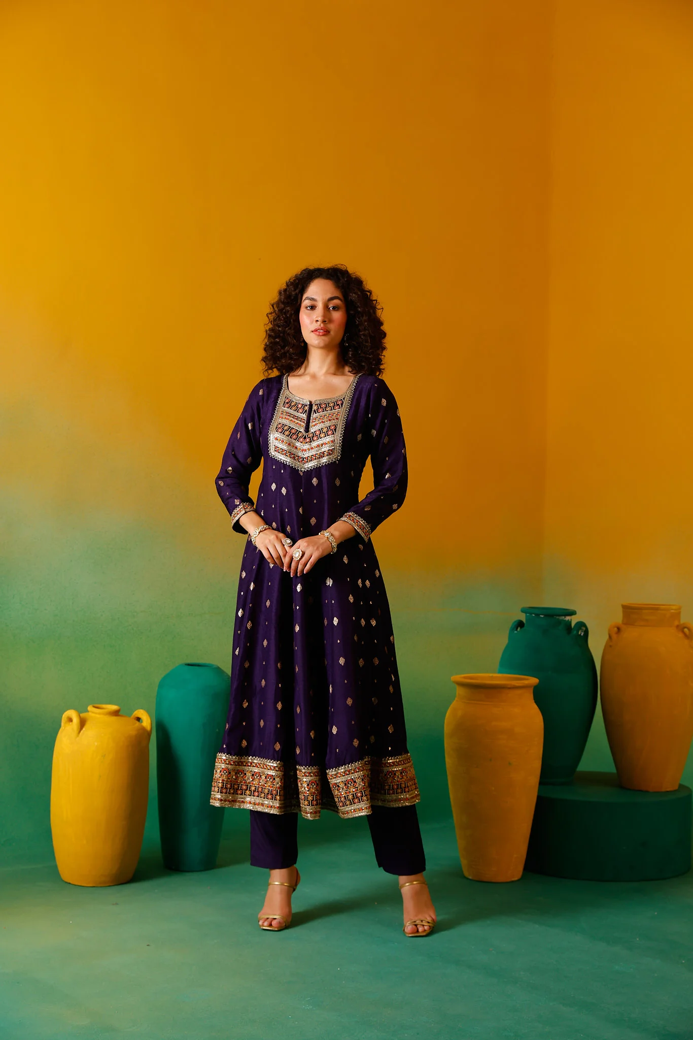 Neerus Purple Embroidery Silk Fabric Anarkali Trouser and Dupatta - Image 14