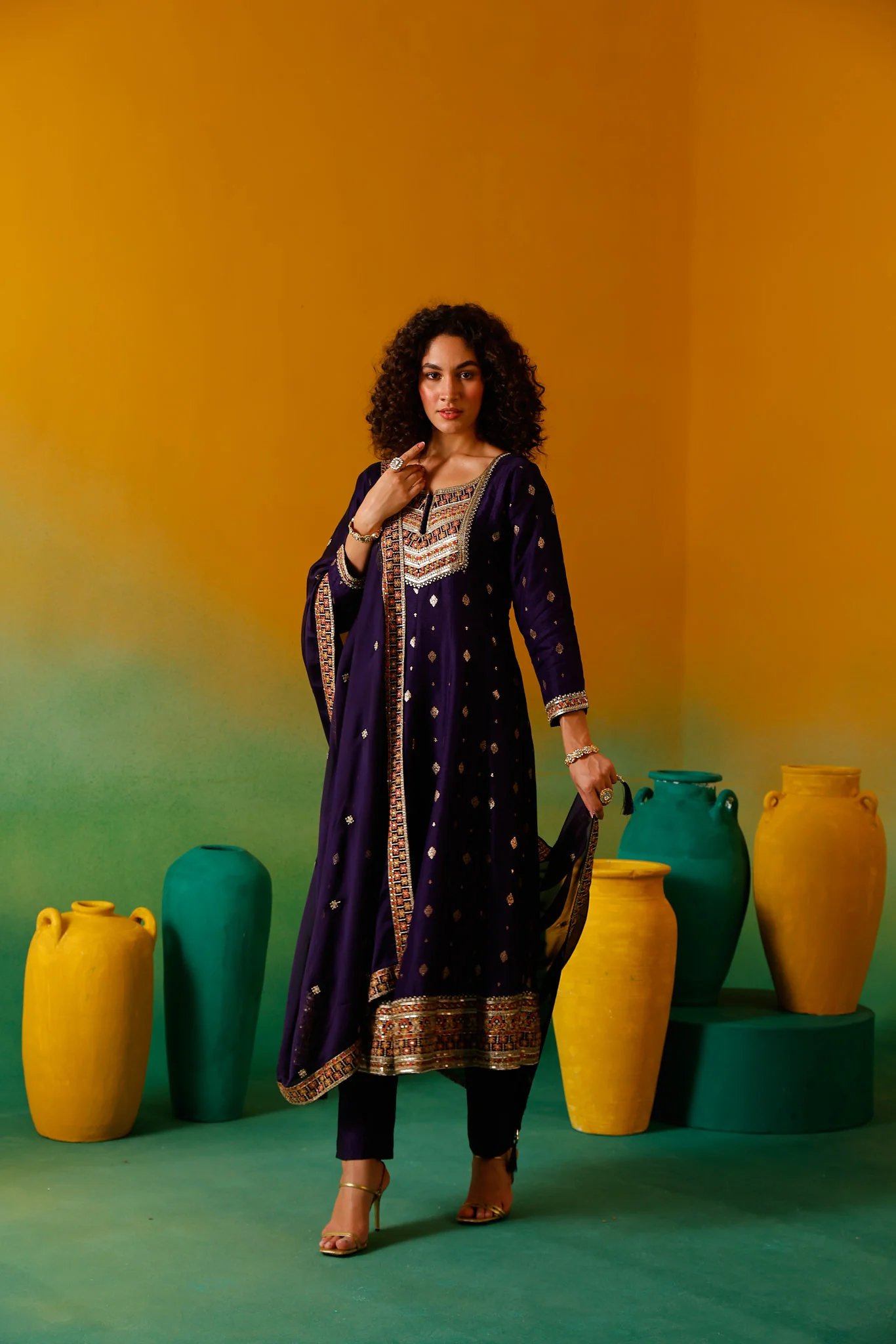 Neerus Purple Embroidery Silk Fabric Anarkali Trouser and Dupatta - Image 3