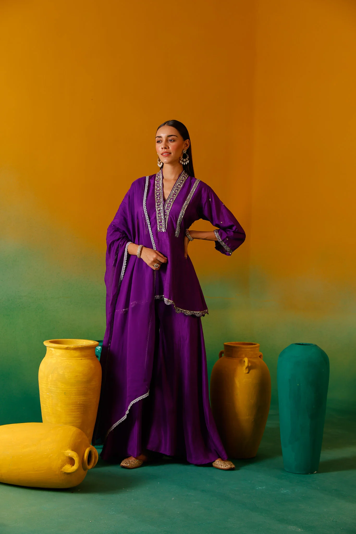 Neerus Purple Embroidery Silk fabric Kurti and plazzo with Dupatta - Image 6