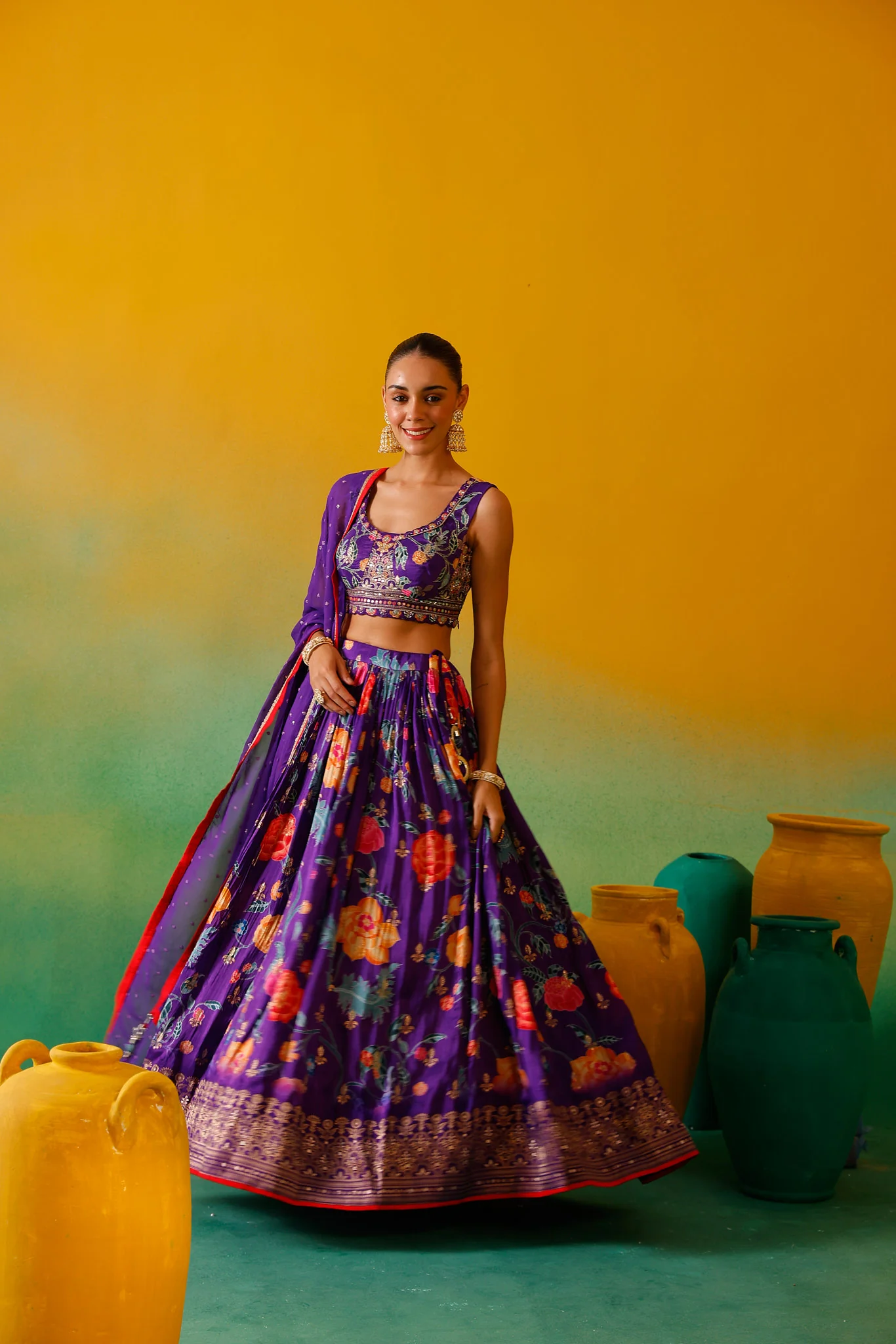 Neerus Purple Embroidery work Silk Fabric Ghagra Set - Image 2