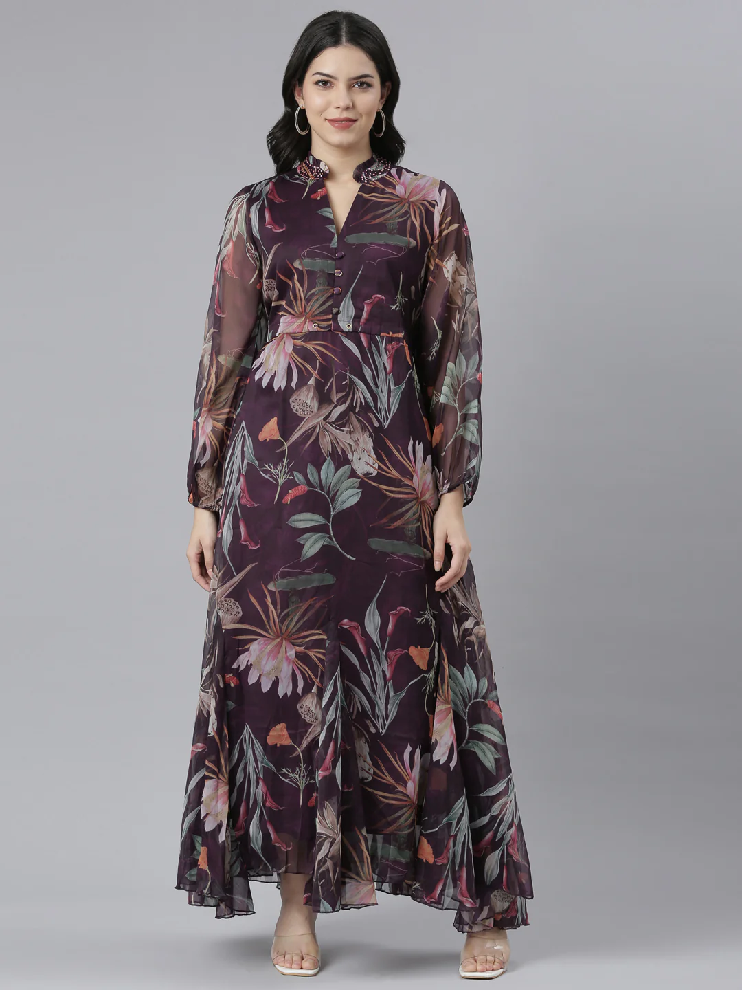 Neerus Purple Flared Casual Floral Dresses