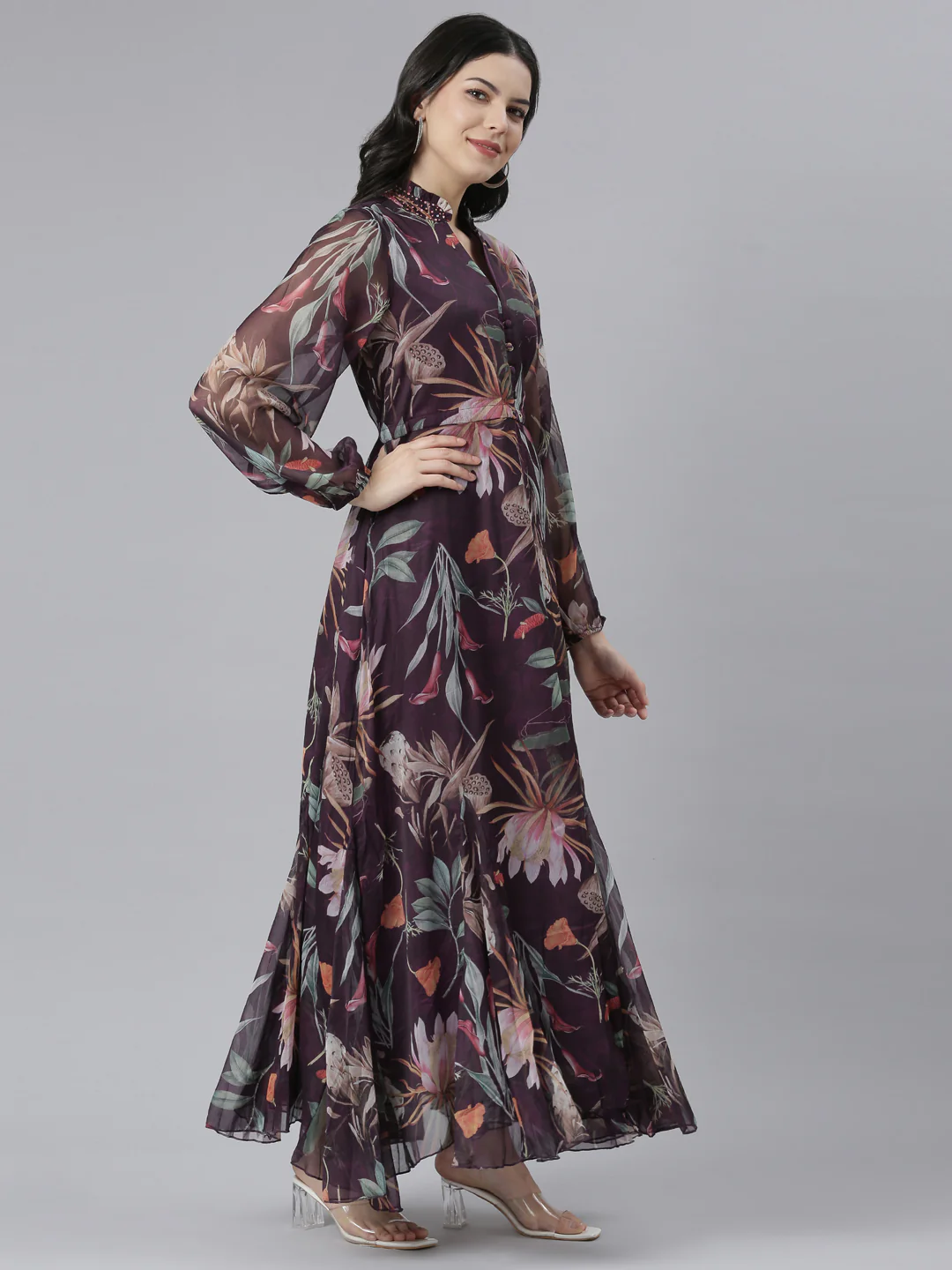 Neerus Purple Flared Casual Floral Dresses - Image 2