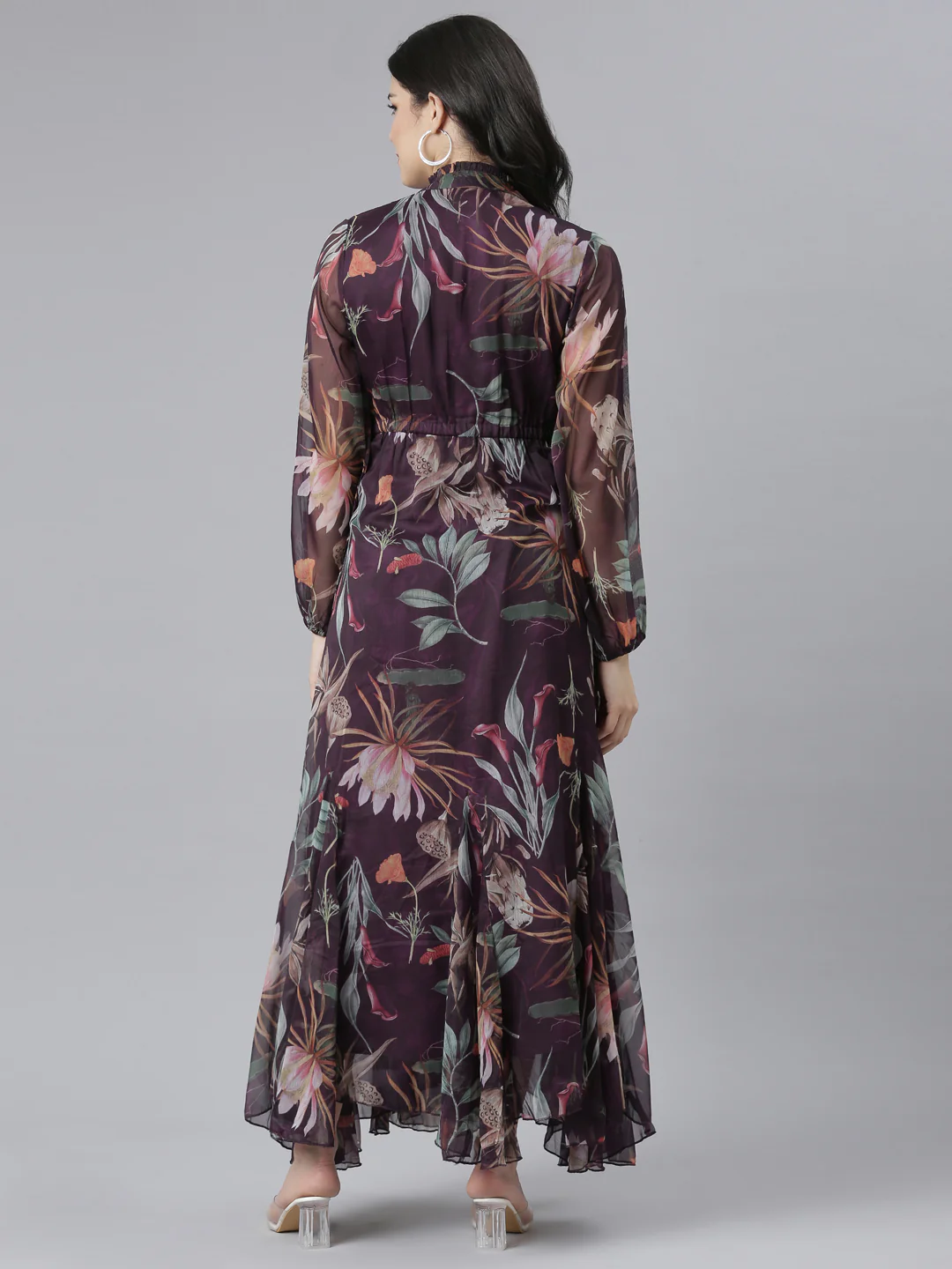 Neerus Purple Flared Casual Floral Dresses - Image 3
