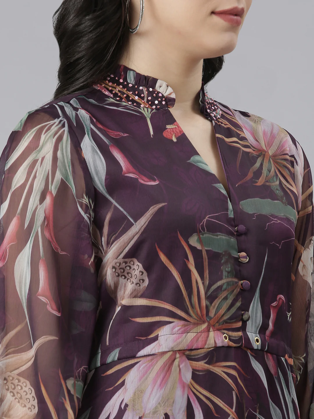 Neerus Purple Flared Casual Floral Dresses - Image 4