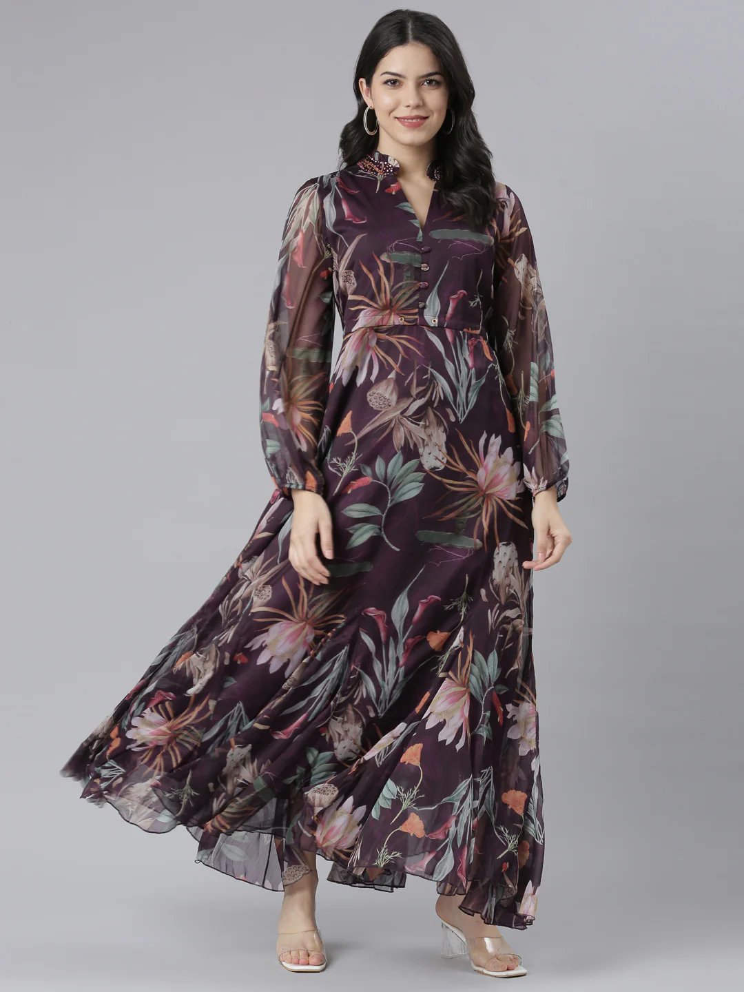 Neerus Purple Flared Casual Floral Dresses - Image 6