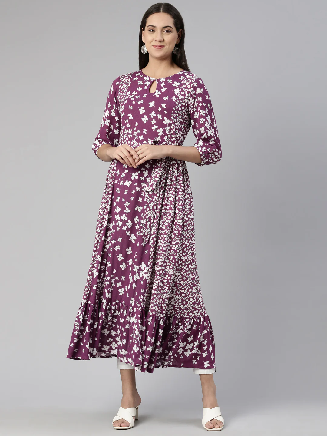 Neerus Purple Floral Keyhole Neck Chiffon Ethnic A-Line Midi Dress