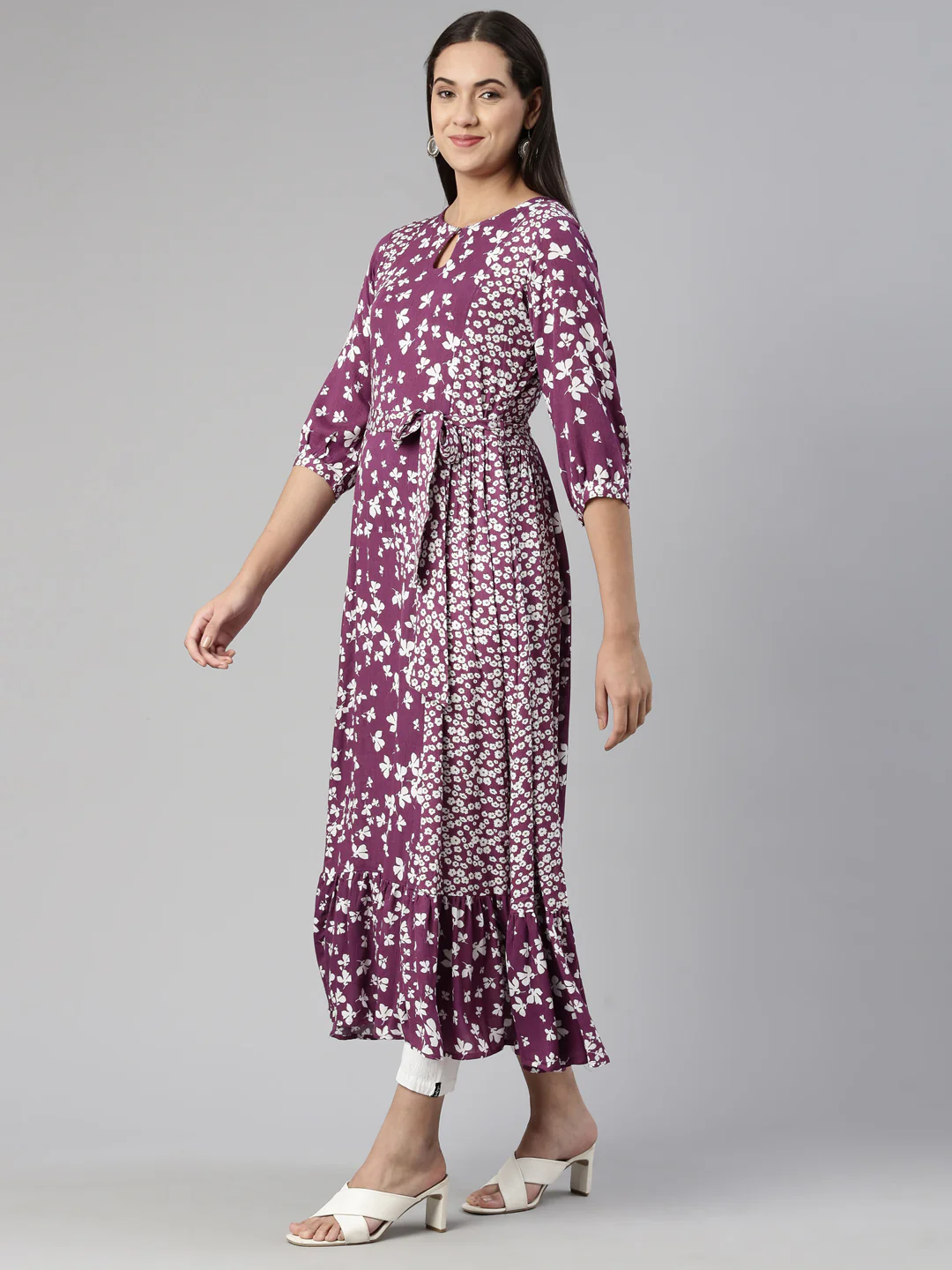 Neerus Purple Floral Keyhole Neck Chiffon Ethnic A-Line Midi Dress - Image 2