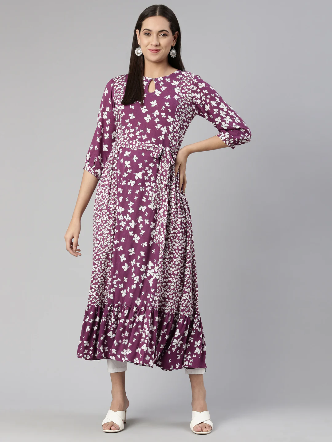 Neerus Purple Floral Keyhole Neck Chiffon Ethnic A-Line Midi Dress - Image 5