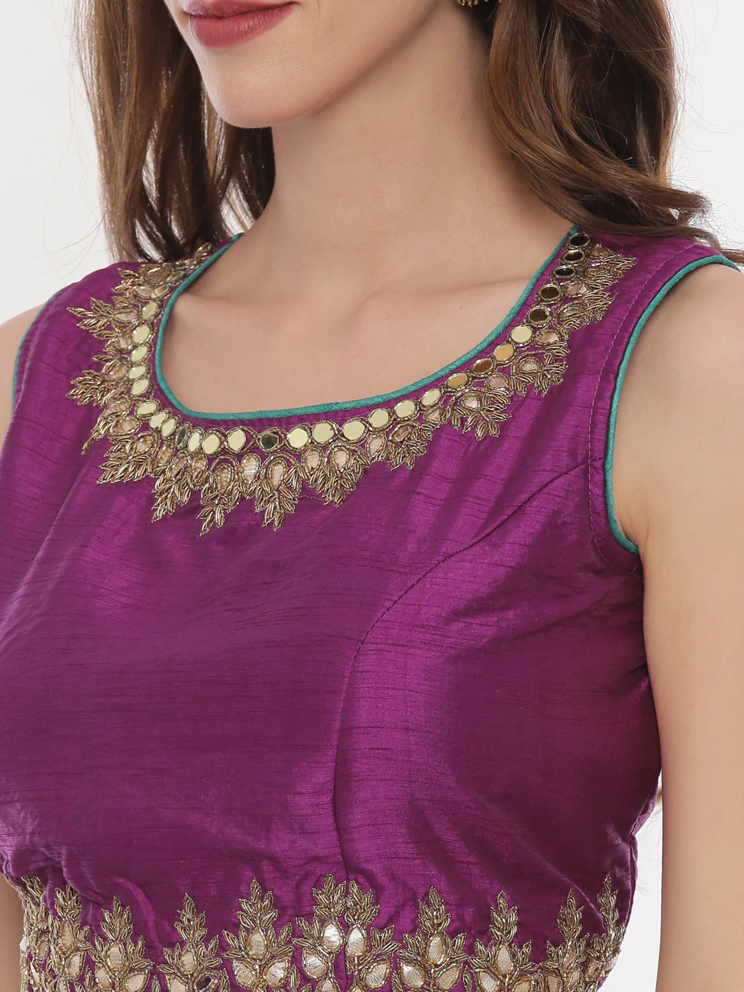 Neerus Purple Green Color Banaras Fabric Ghagra Set - Image 2