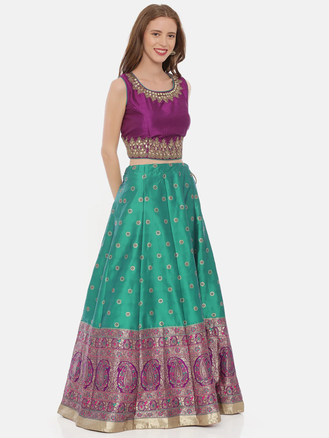 Neerus Purple Green Color Banaras Fabric Ghagra Set - Image 4