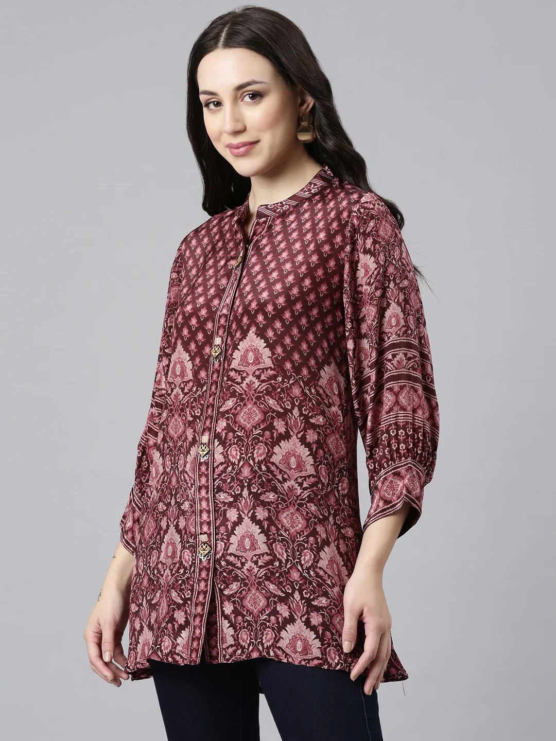 Neerus Purple High-Low Casual Printed Straight Kurtis - Image 2