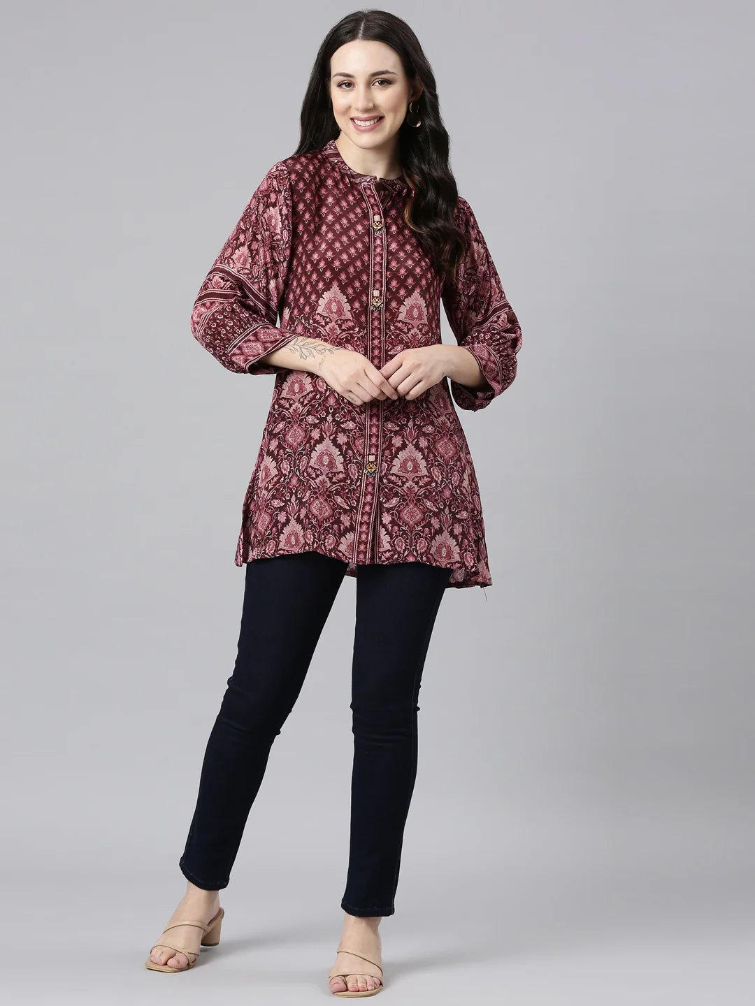 Neerus Purple High-Low Casual Printed Straight Kurtis - Image 5