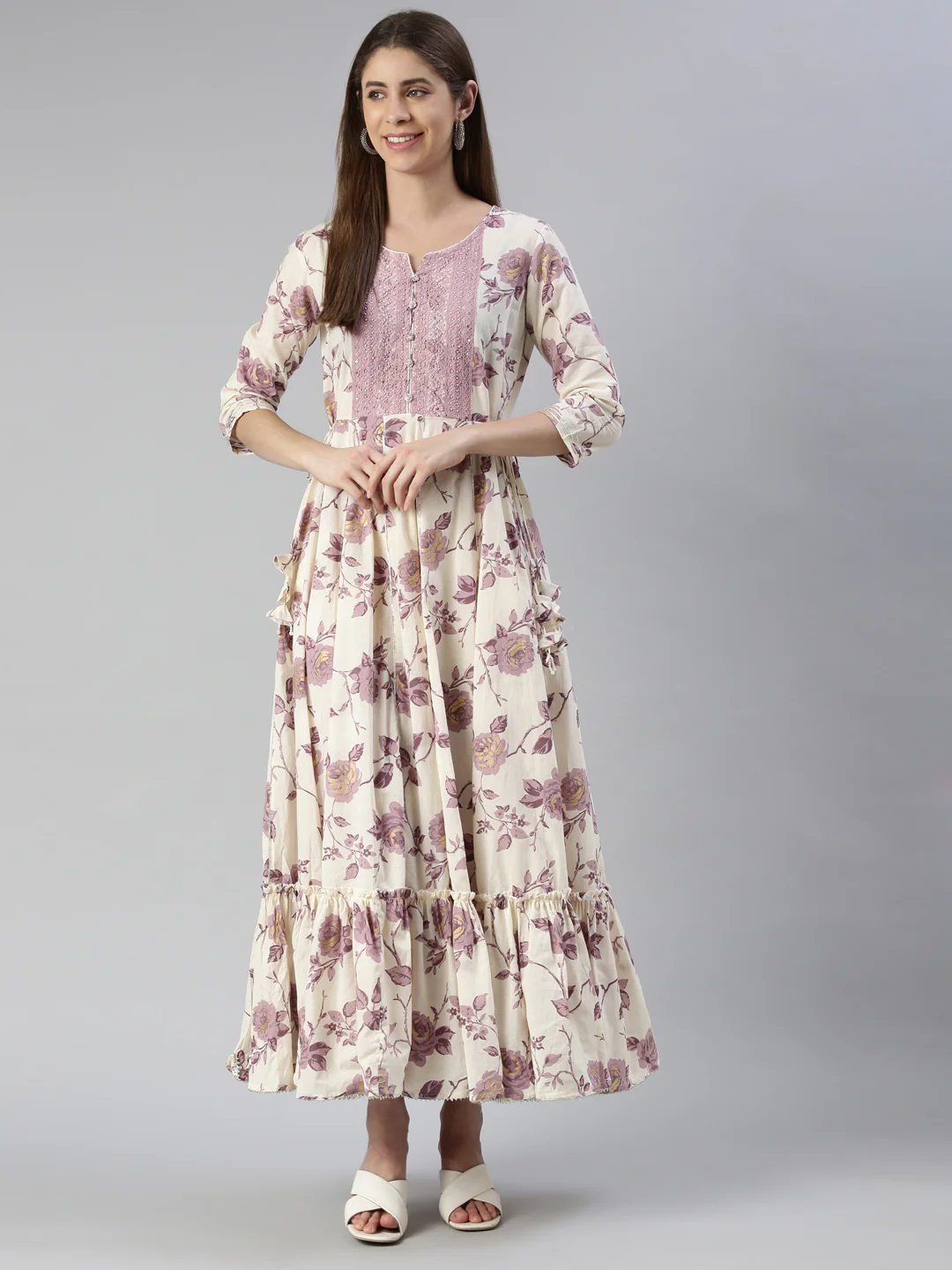 Neerus Purple Maxi Casual Printed Dresses