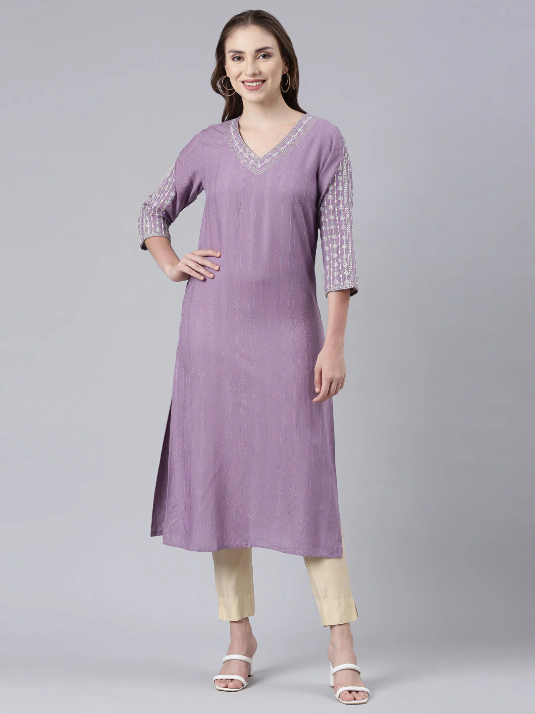 Neerus Purple Panelled Straight Floral Kurta
