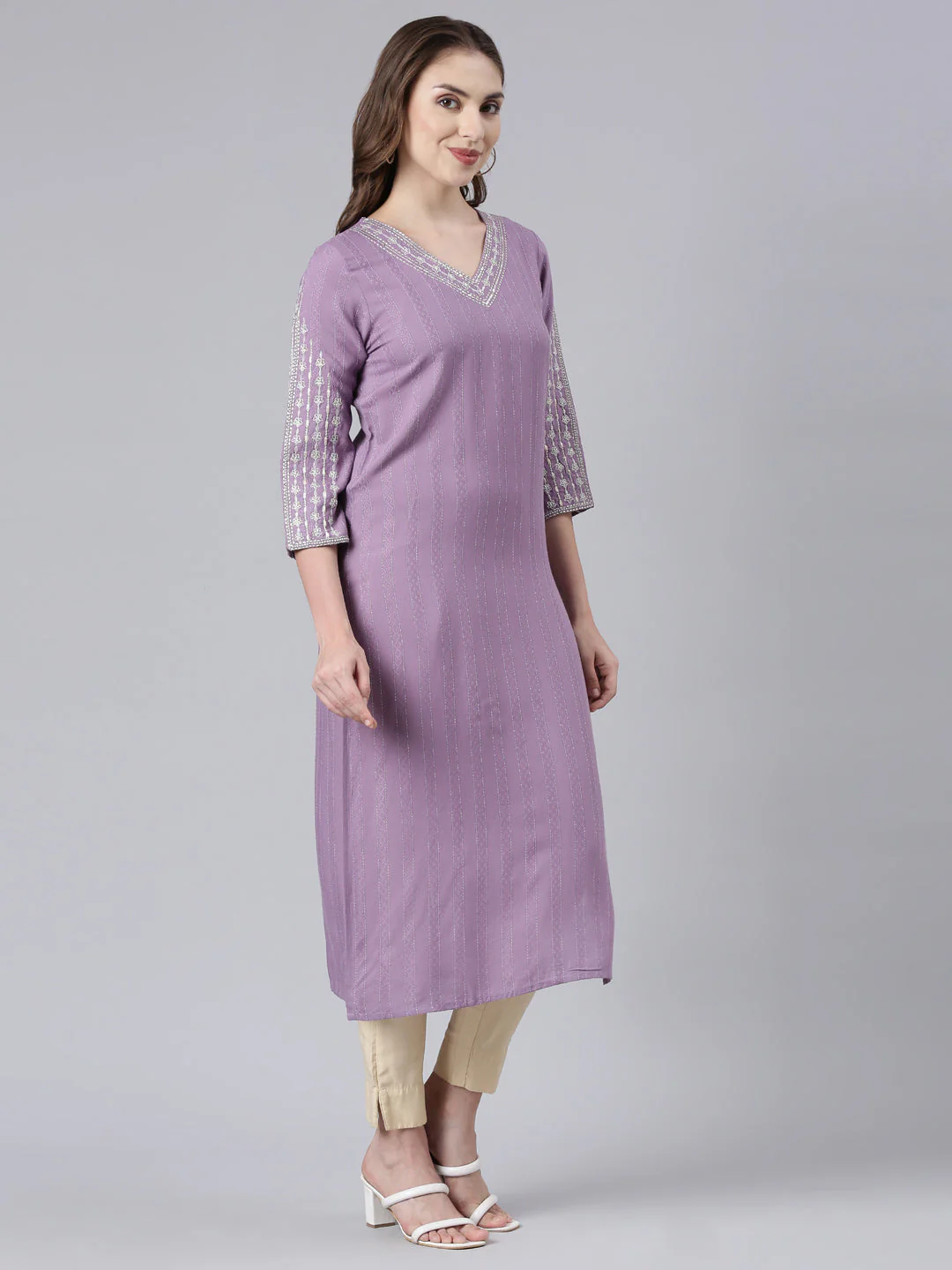 Neerus Purple Panelled Straight Floral Kurta - Image 3