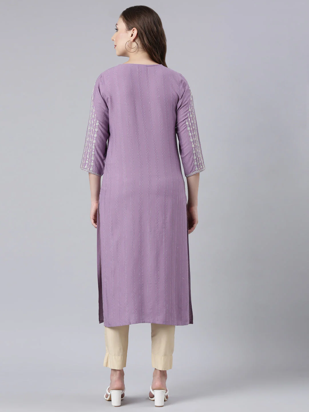 Neerus Purple Panelled Straight Floral Kurta - Image 4