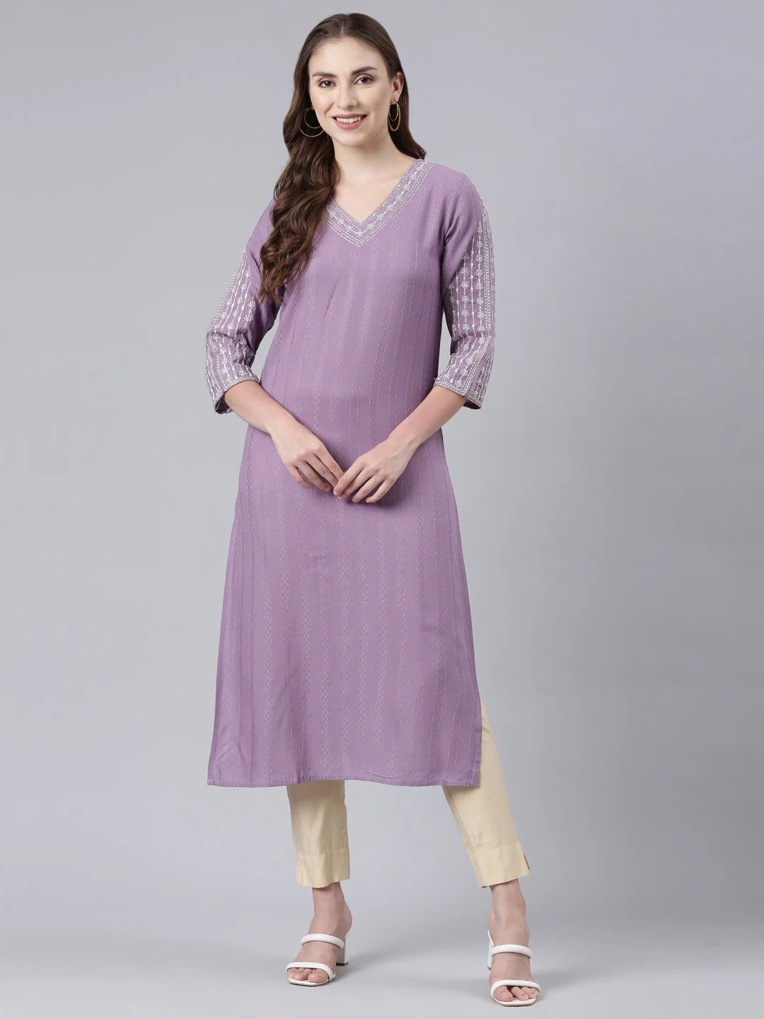 Neerus Purple Panelled Straight Floral Kurta - Image 6