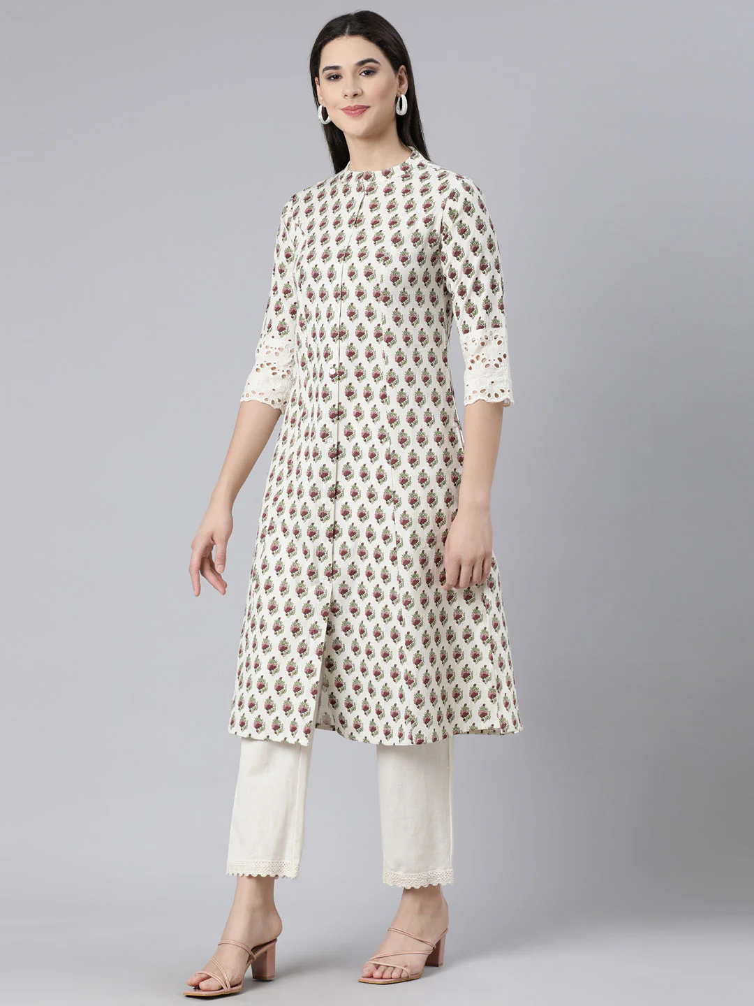 Neerus Purple Panelled Straight Printed Kurta And Trousers - Image 2