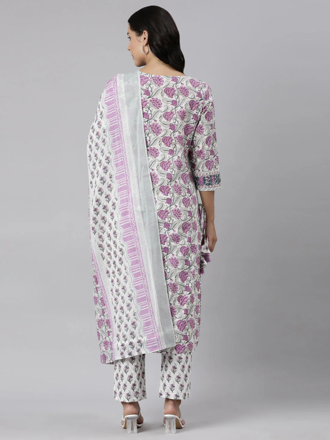 Neerus Purple Panelled Straight Printed Kurta And Trousers With Dupatta - Image 4