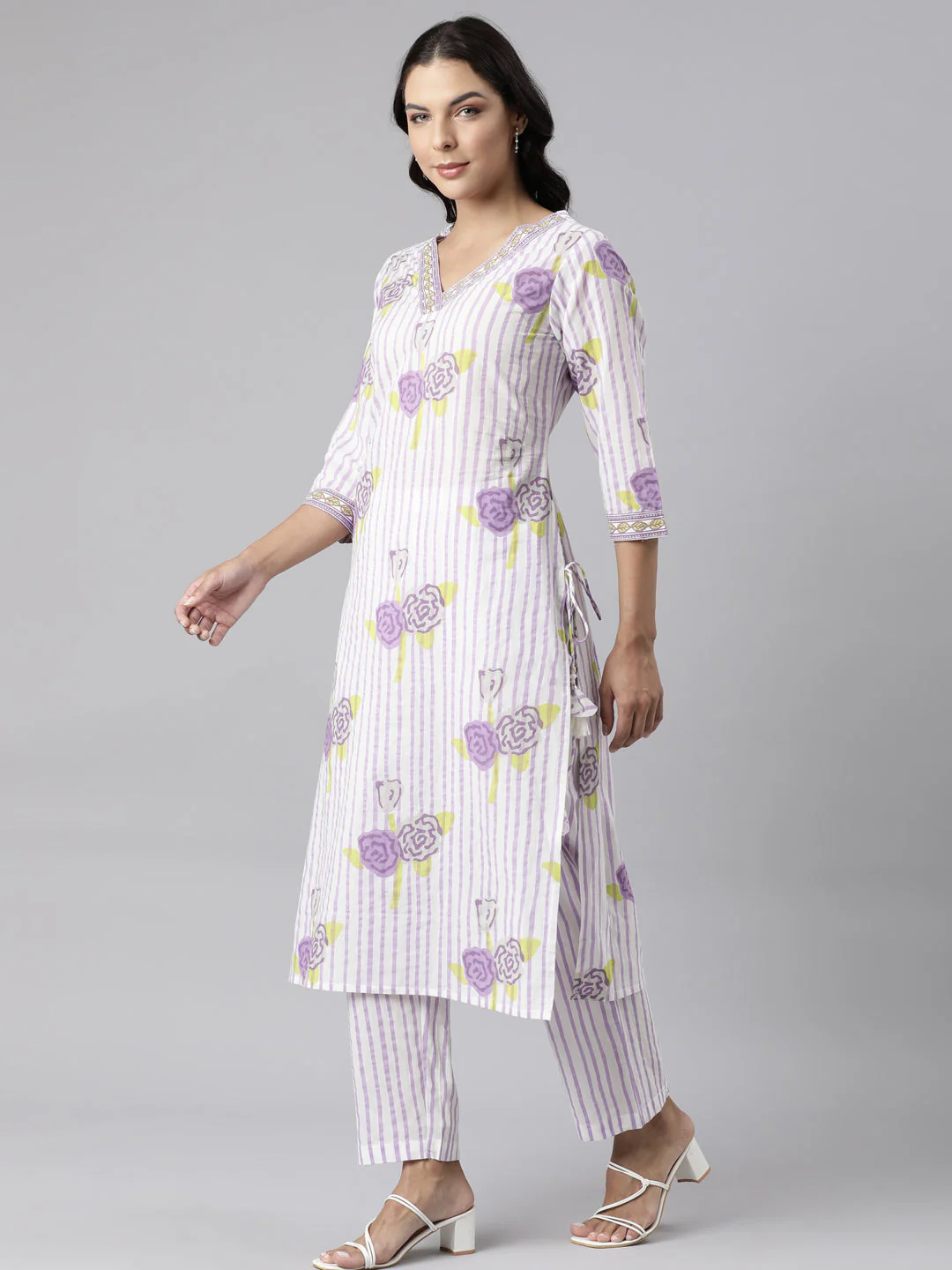 Neerus Purple Panelled Straight Printed Kurta And Trousers With Dupatta - Image 2