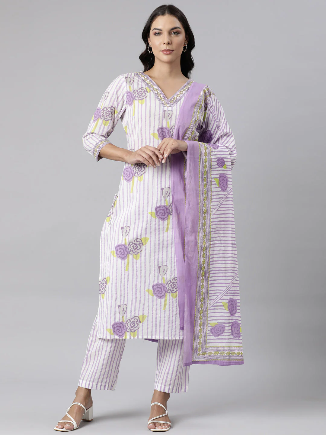 Neerus Purple Panelled Straight Printed Kurta And Trousers With Dupatta - Image 6