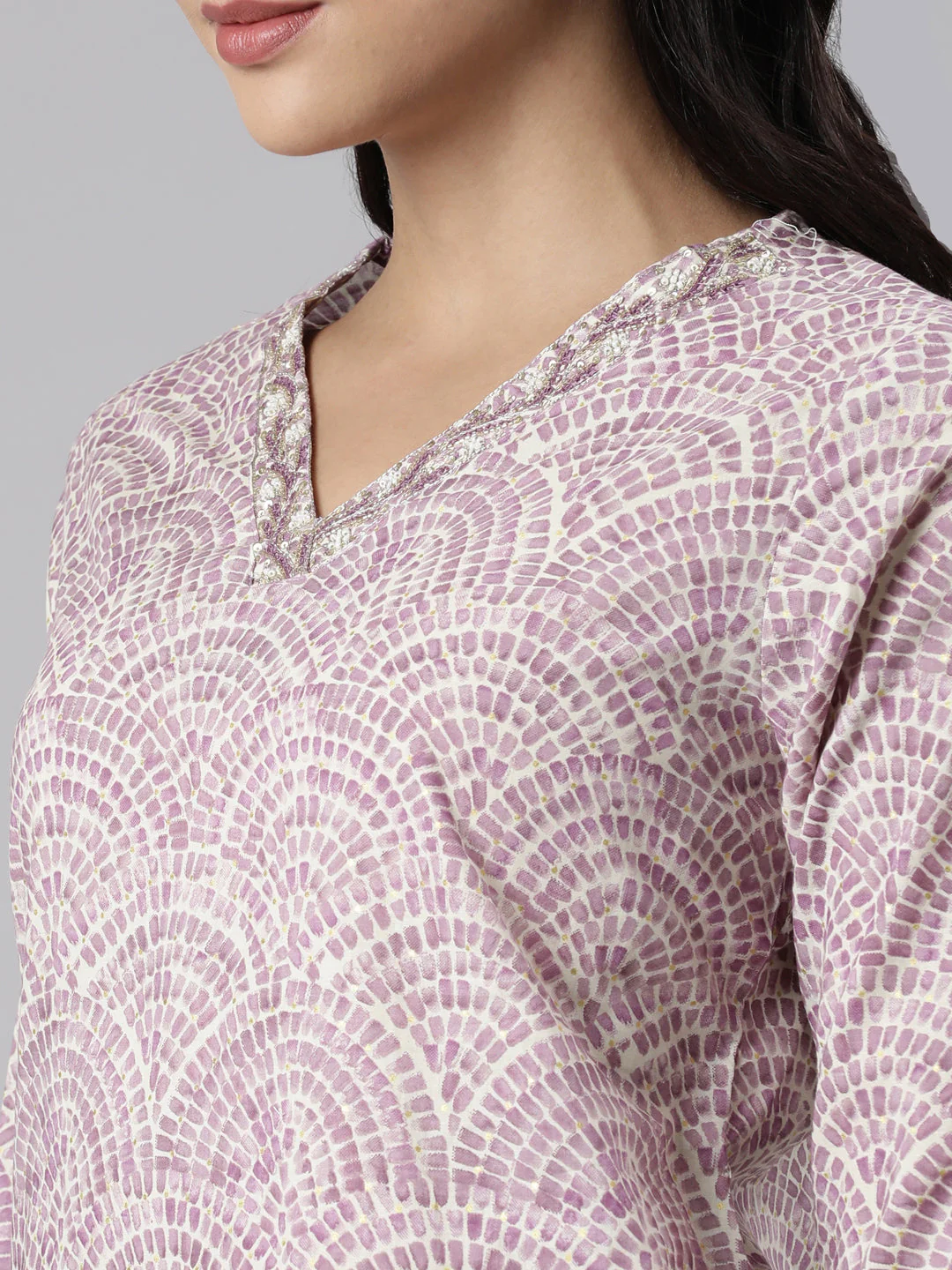 Neerus Purple Panelled Straight Printed Kurta And Trousers With Dupatta - Image 5