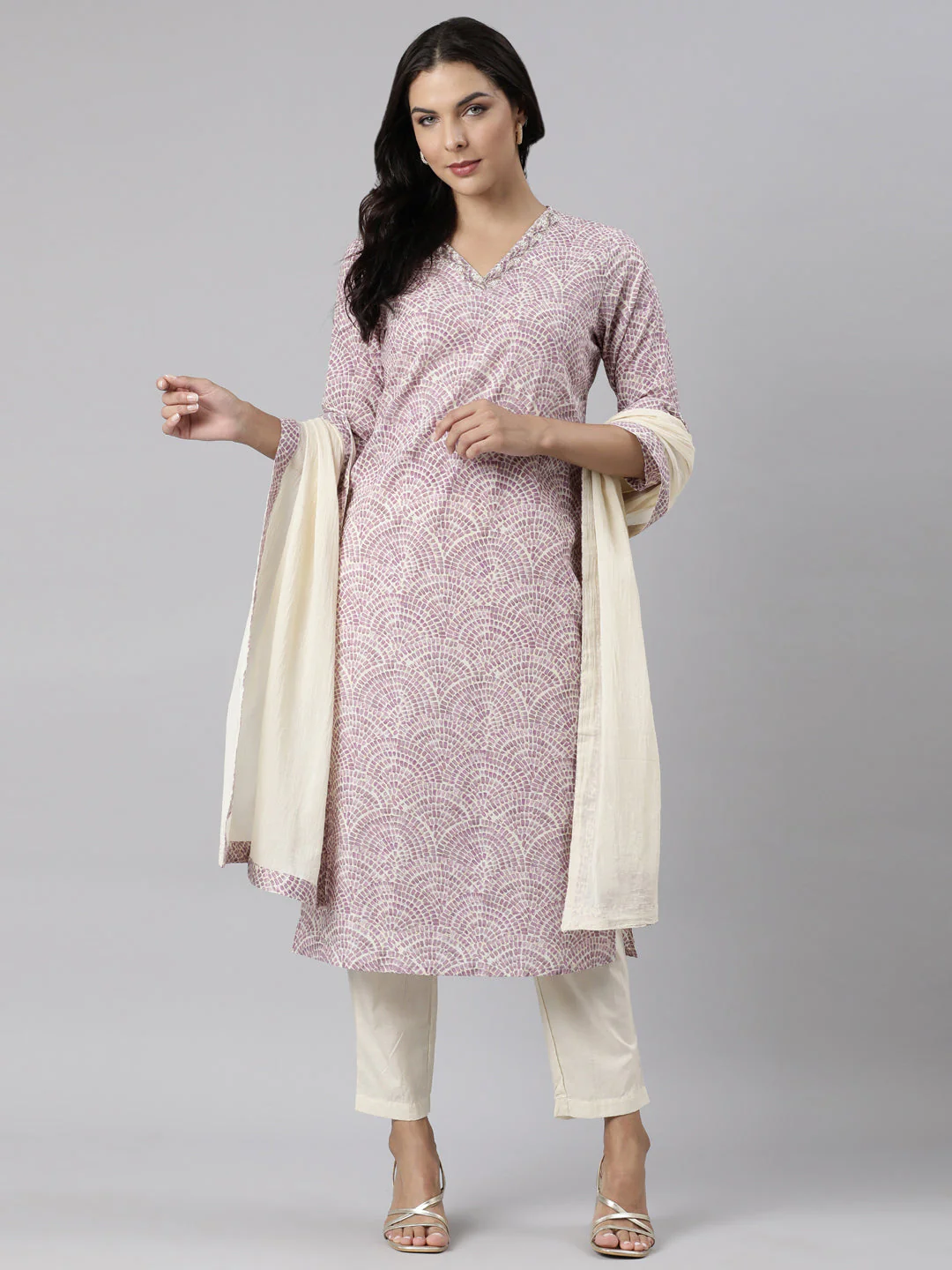 Neerus Purple Panelled Straight Printed Kurta And Trousers With Dupatta - Image 6