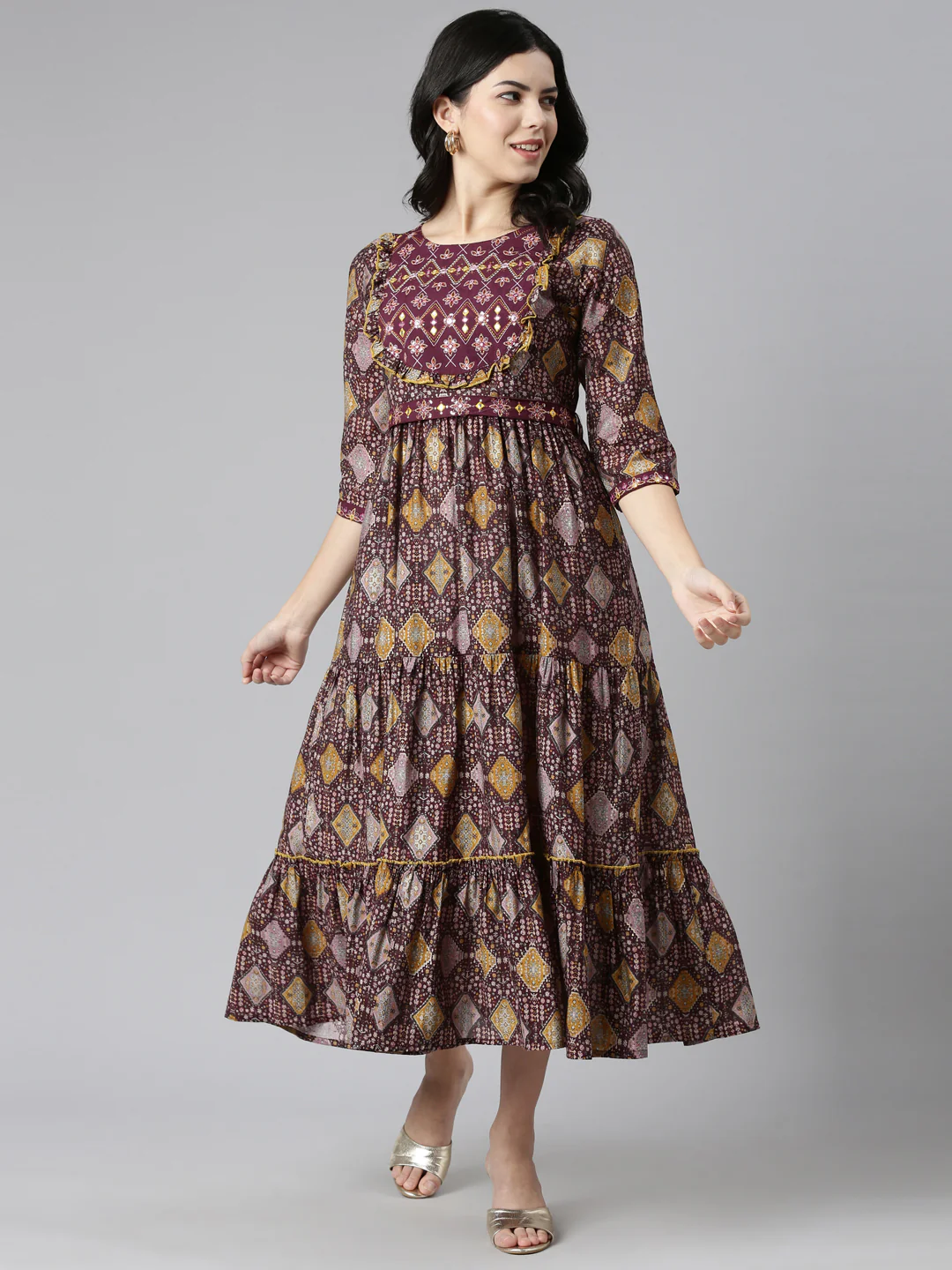 Neerus Purple Pleated Anarkali Printed Kurta - Image 5