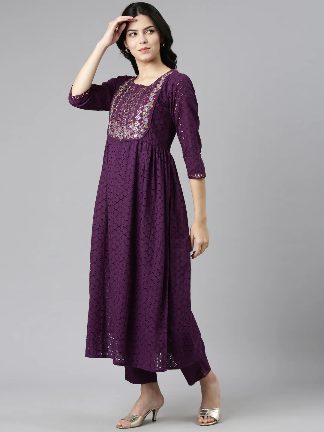 Neerus Purple Pleated Straight Embroidered Kurta And Trousers With Dupatta - Image 2