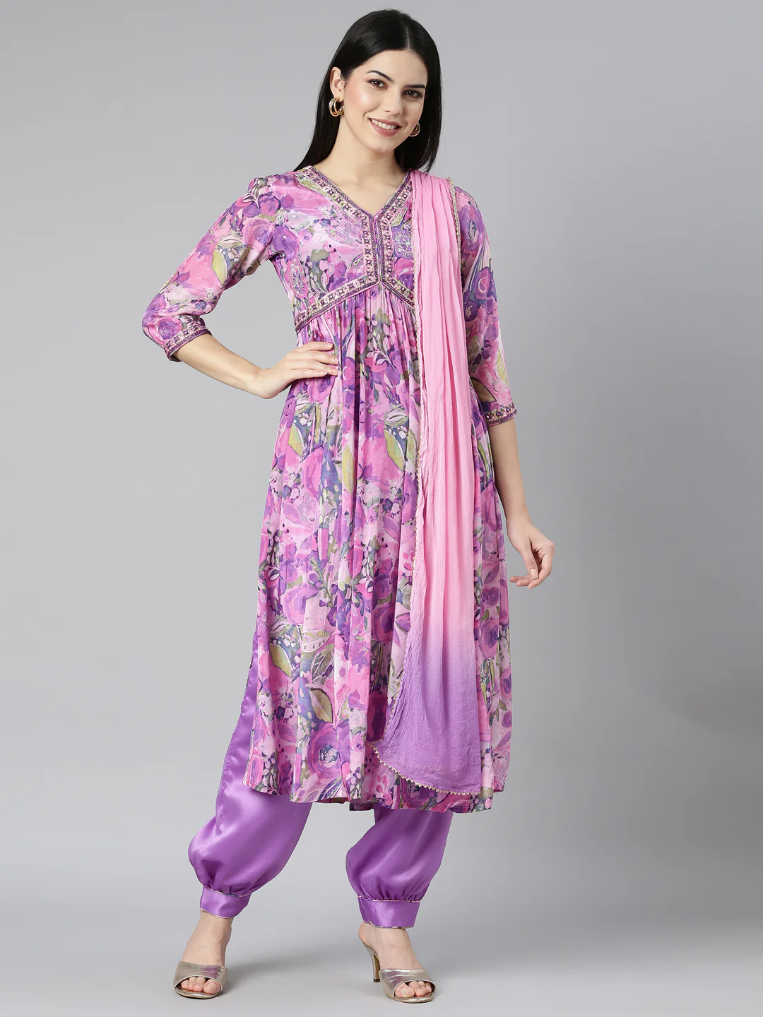 Neerus Purple Pleated Straight Floral Kurta And Salwar With Dupatta