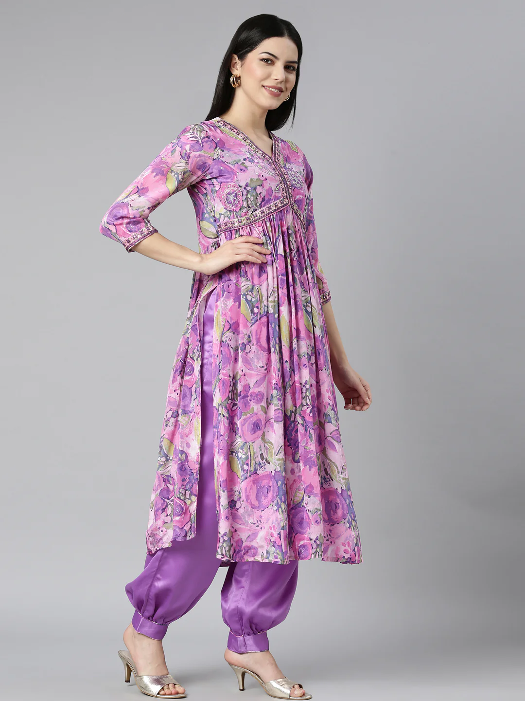 Neerus Purple Pleated Straight Floral Kurta And Salwar With Dupatta - Image 2
