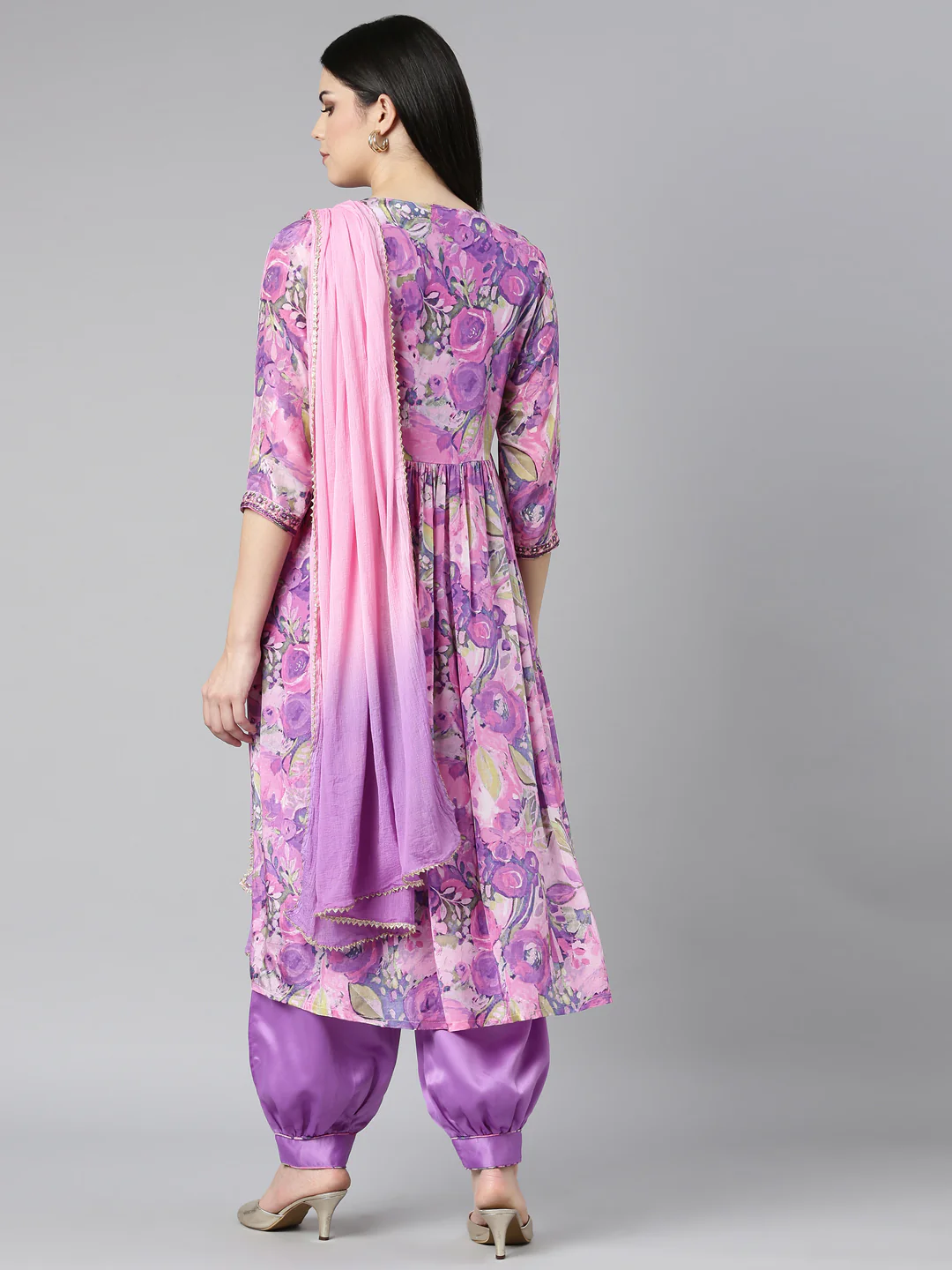 Neerus Purple Pleated Straight Floral Kurta And Salwar With Dupatta - Image 3