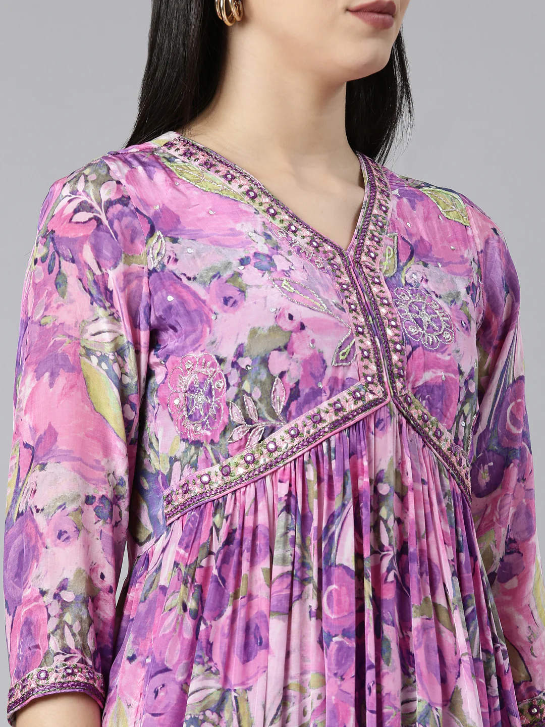 Neerus Purple Pleated Straight Floral Kurta And Salwar With Dupatta - Image 4