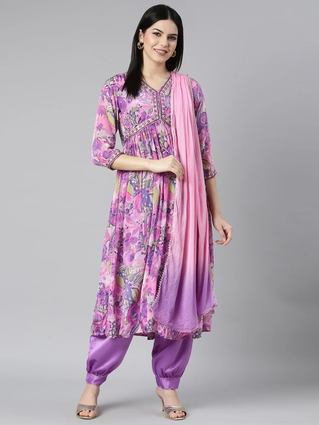 Neerus Purple Pleated Straight Floral Kurta And Salwar With Dupatta - Image 5