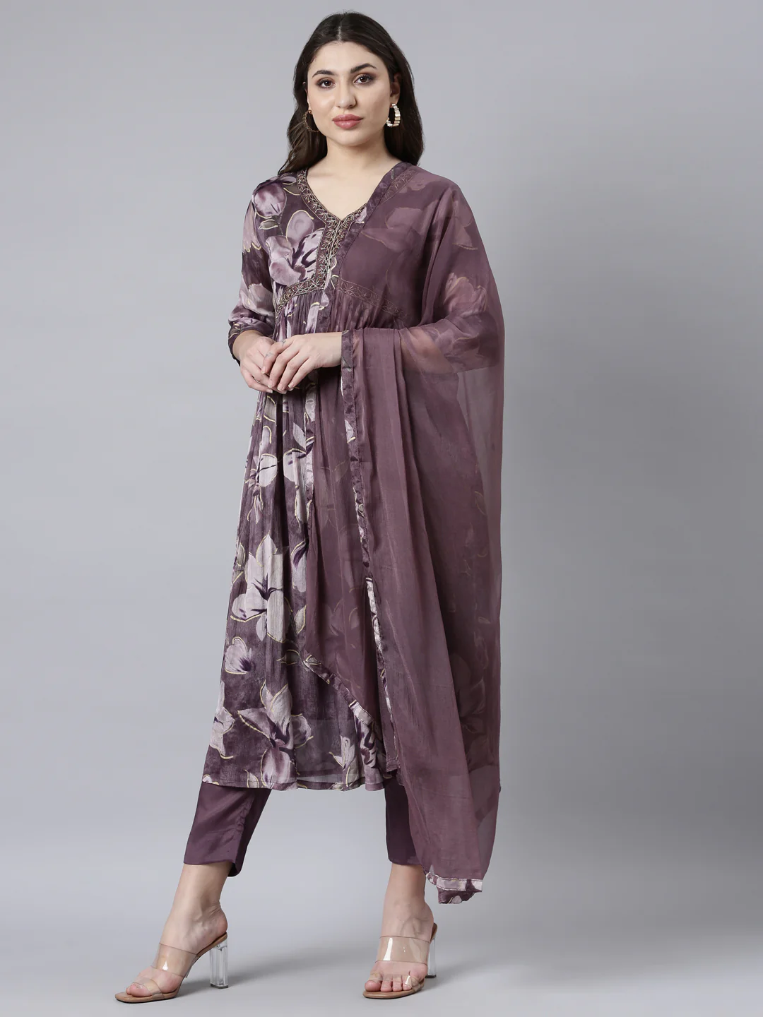 Neerus Purple Pleated Straight Floral Kurta And Trousers With Dupatta